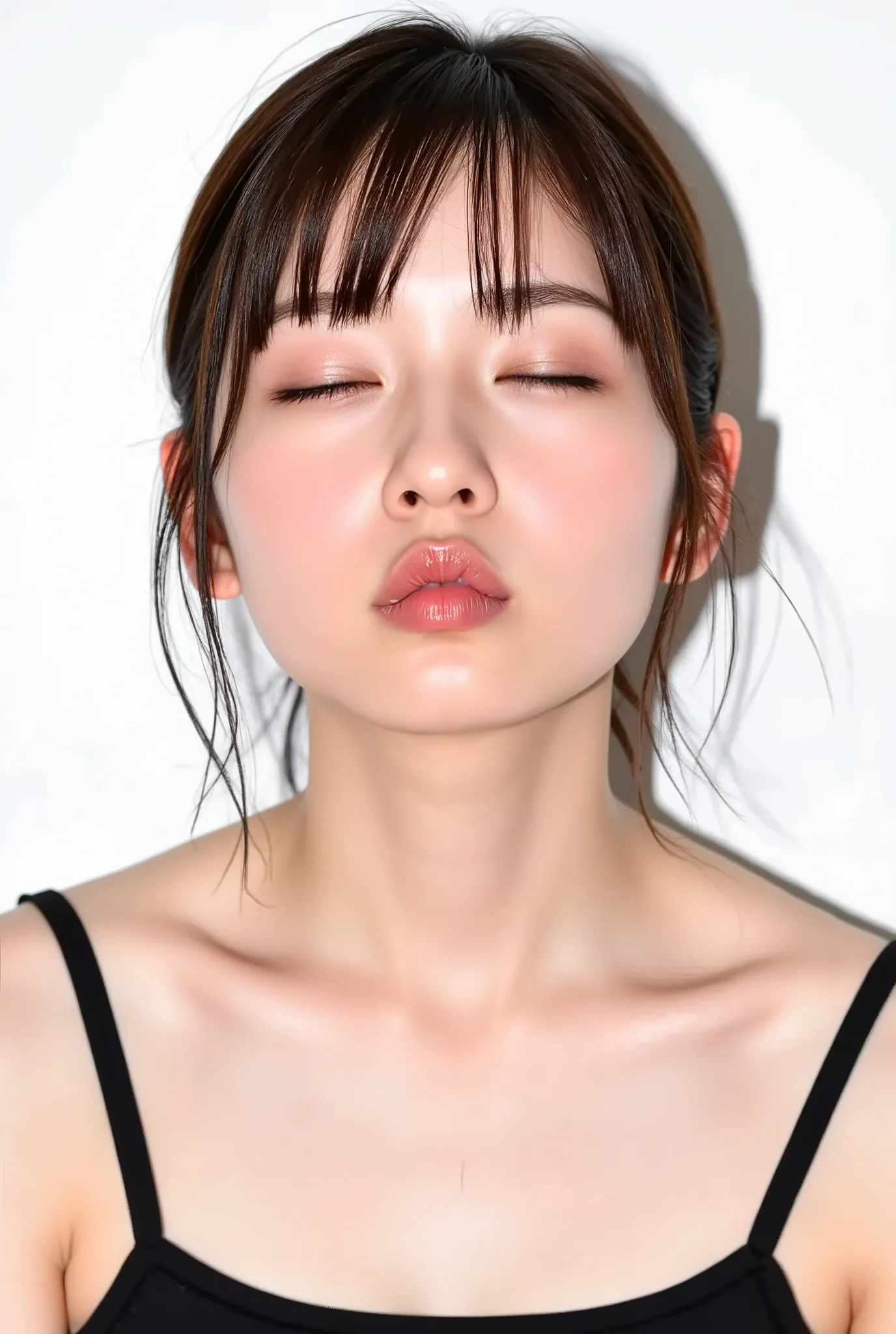 Japanese girl, flushed cheeks, extremely deredere expression, eyes closed, big soft smile while puckering lips, lips sharply pursed and pushed forward, glossy pink lips, kiss face, black camisole, upper body from collarbone up, looking slightly up. Shot fr...
