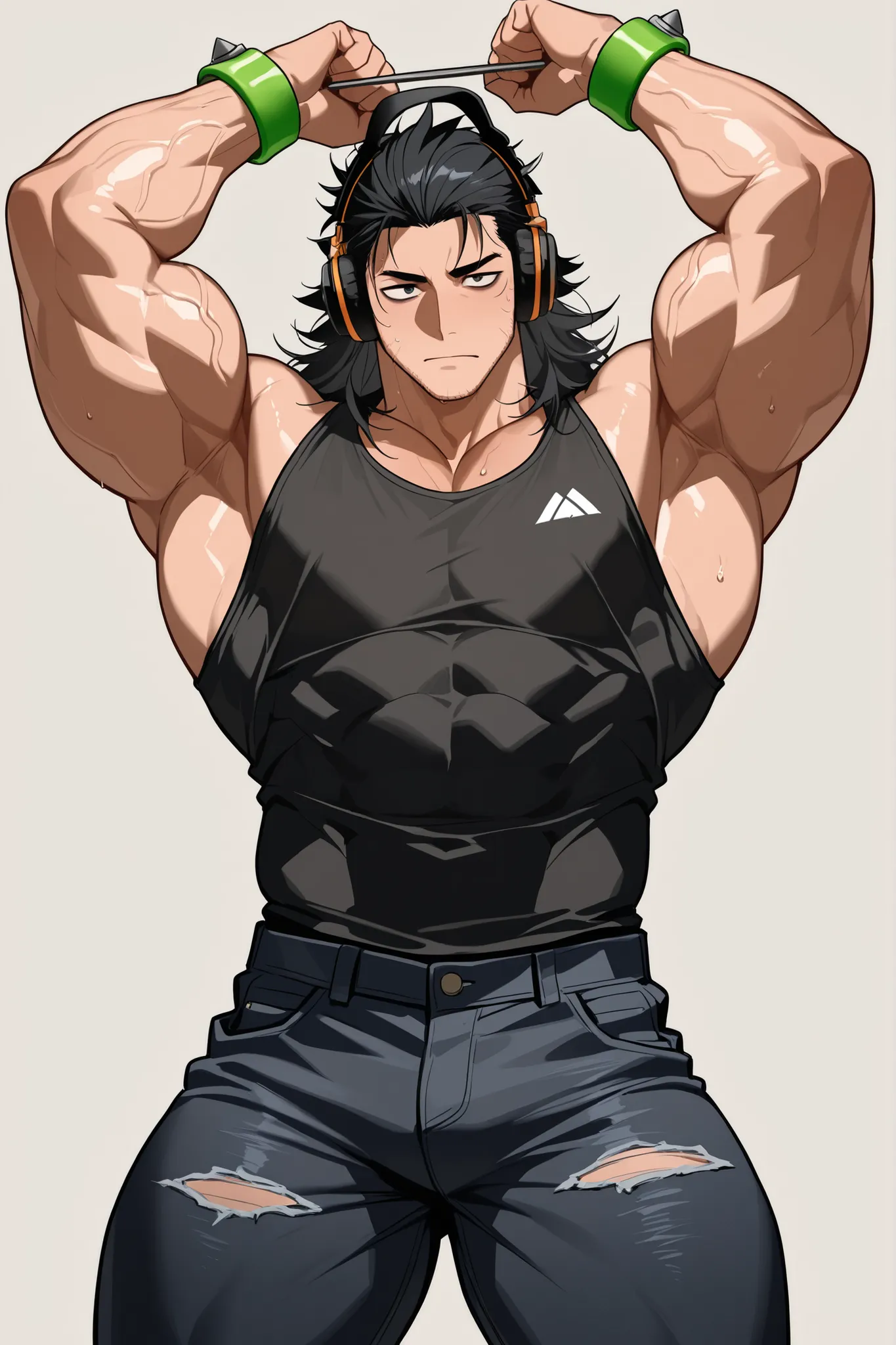 A man with slightly tousled black hair medium length, with grey melancholic eyes, small bristles and dark eye bags. Dressed in a tight black sleeveless tank top and dark jeans, on the wrist — a simple green bracelet with metal clasps. , in a confident, sli...