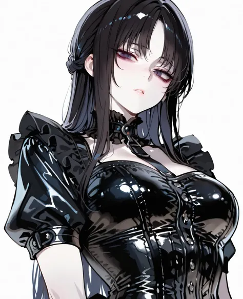 by ratatat74, masterpiece, best quality, upper body, (score_9, score_8_up, score_7_up), 1girl, solo, black hair, long hair, parted bangs, dark blue eyes, innexpressive, pale skin, medium breasts, standing, upper body, victorian fashion, black dress, frille...
