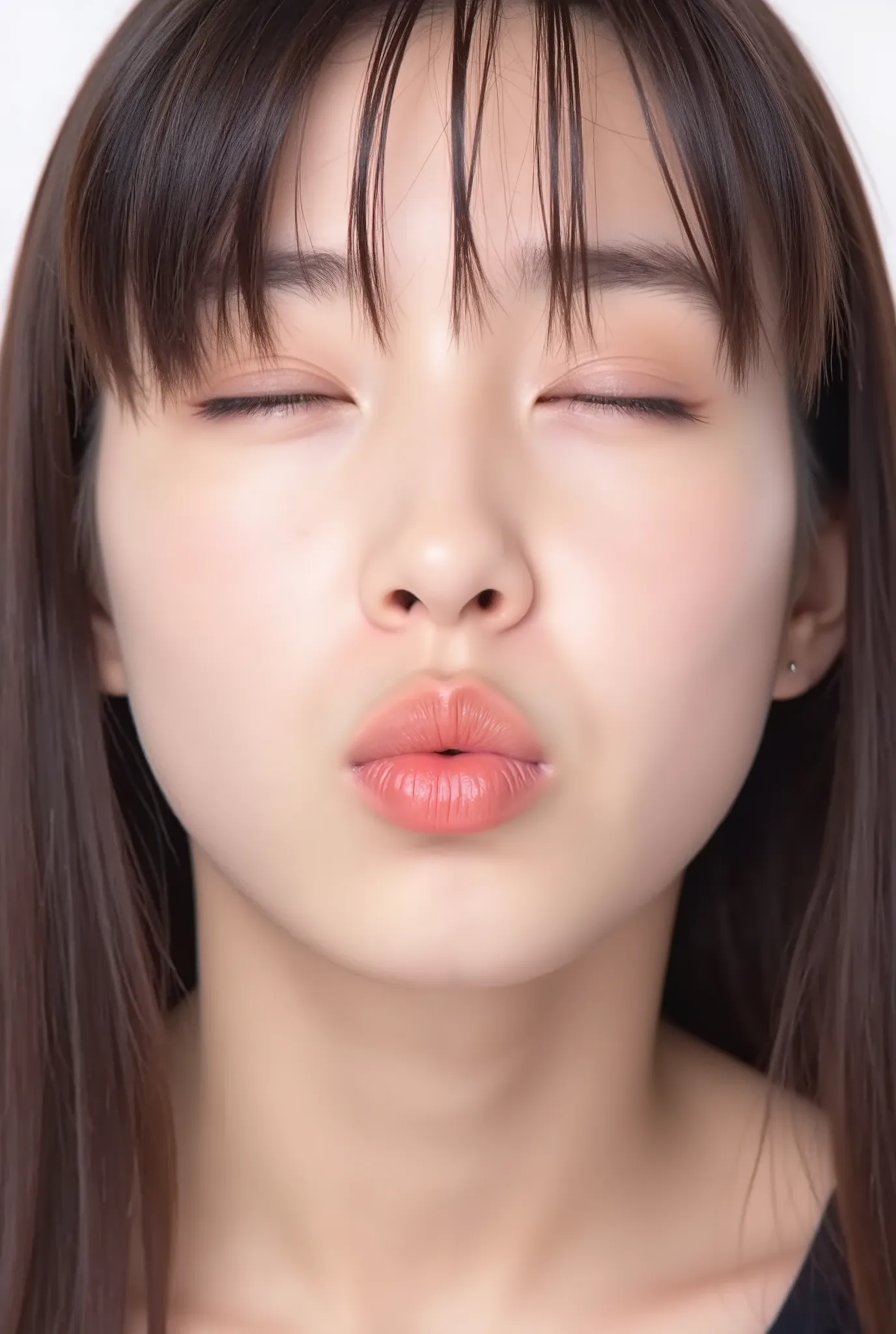 Japanese girl, flushed cheeks, extremely deredere expression, eyes closed, big soft smile while puckering lips, lips sharply pursed and pushed forward, glossy pink lips, kiss face, black camisole, upper body from collarbone up, looking slightly up. Shot fr...