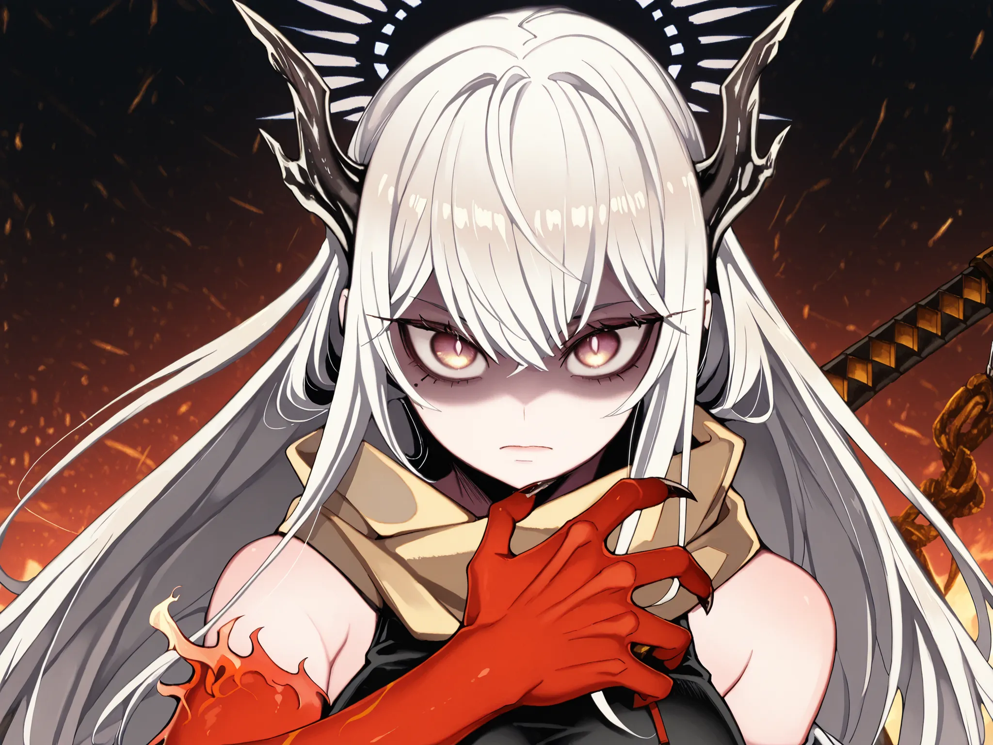 Solo, ung girl, facing the viewer, white hair, hairstyle of Uzen Kyouka from Chained Soldier, face of Uzen Kyouka from Chained Soldier, eyes in the red tone, long bangs, perfect anatomy, student, horns of Uzen Kyouka from Chained Soldier, eyes horns the sa...