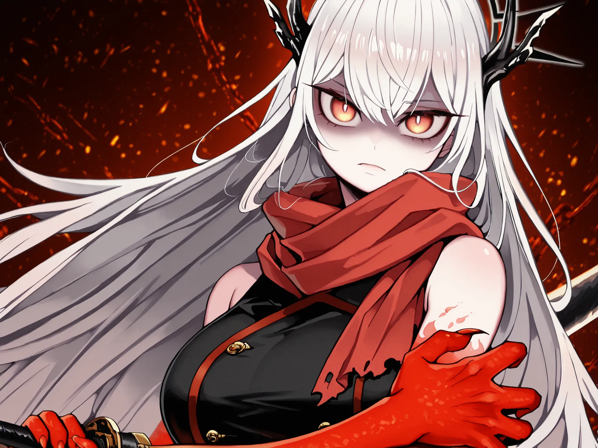 Solo, ung girl, facing the viewer, white hair, hairstyle of Uzen Kyouka from Chained Soldier, face of Uzen Kyouka from Chained Soldier, eyes in the red tone, long bangs, perfect anatomy, student, horns of Uzen Kyouka from Chained Soldier, eyes horns the sa...