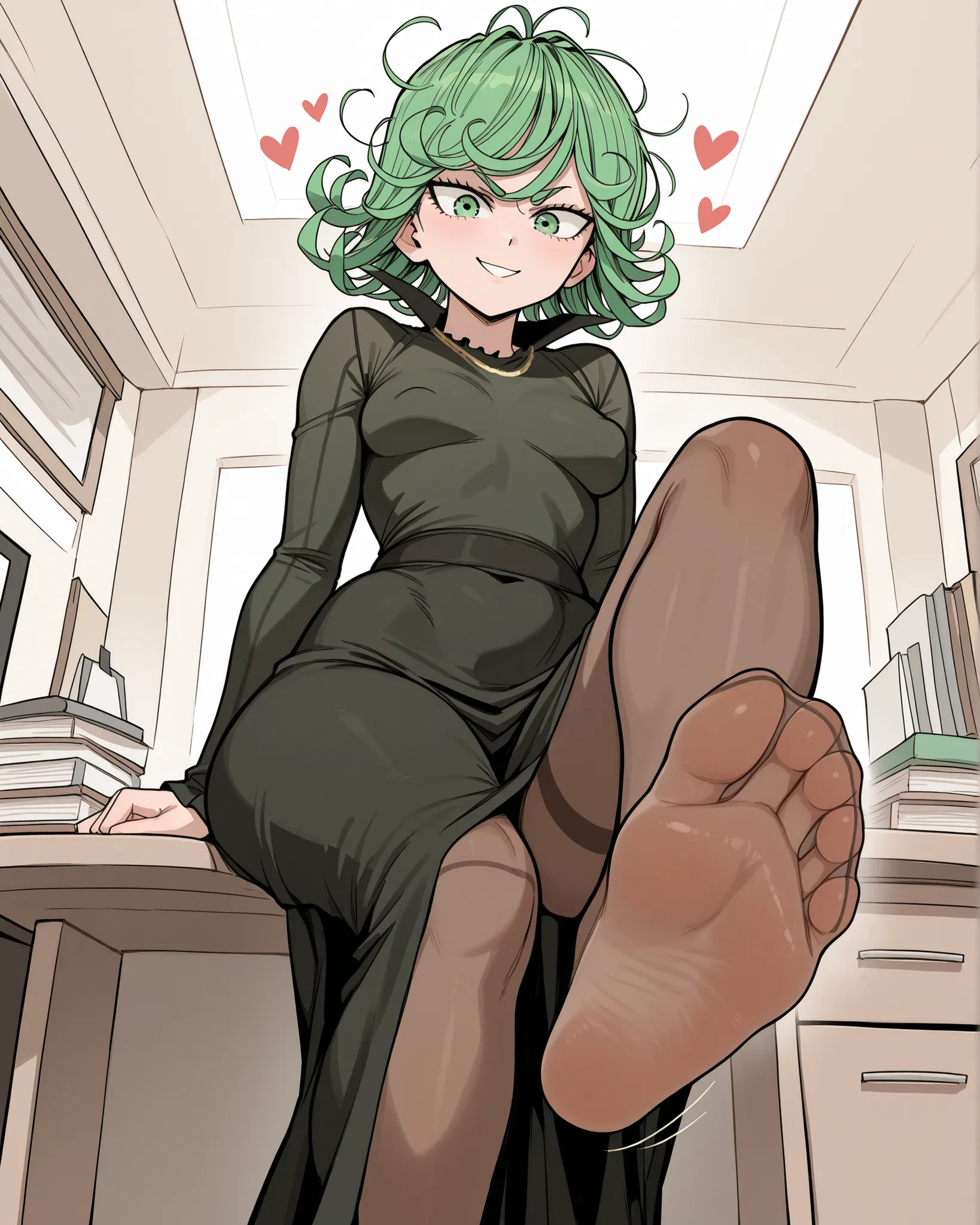 sketch, vintage, Tatsumaki ( One Punch man ) green hair , sexy smile , big bobbies, sole of the foot , hearts around, black long dress, foot picture, office, dark blue