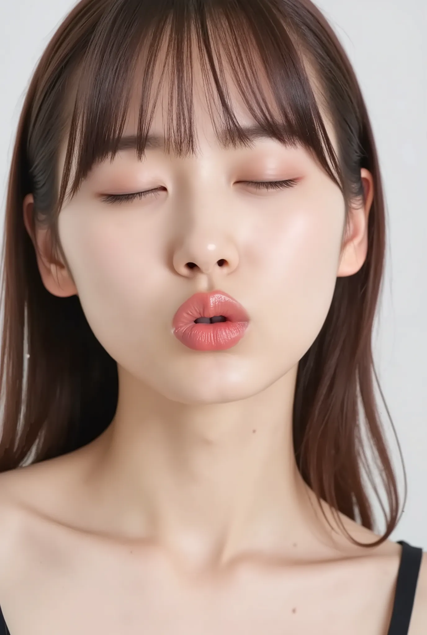 Japanese girl, flushed cheeks, extremely deredere expression, eyes closed, big soft smile while puckering lips, lips sharply pursed and pushed forward, glossy pink lips, kiss face, black camisole, upper body from collarbone up, looking slightly up. Shot fr...