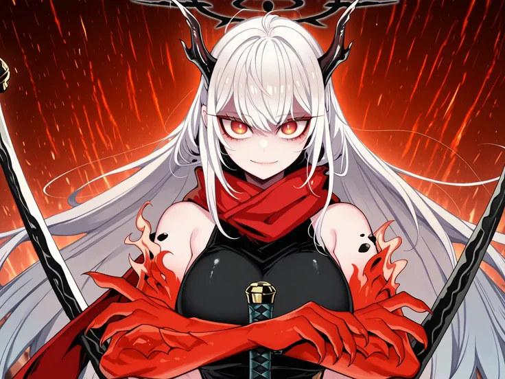 Solo, ung girl, warm smile, facing the viewer, white hair, hairstyle of Uzen Kyouka from Chained Soldier, face of Uzen Kyouka from Chained Soldier, red pure eyes, long bangs, perfect anatomy, horns of Uzen Kyouka from Chained Soldier, eyes horns the same c...