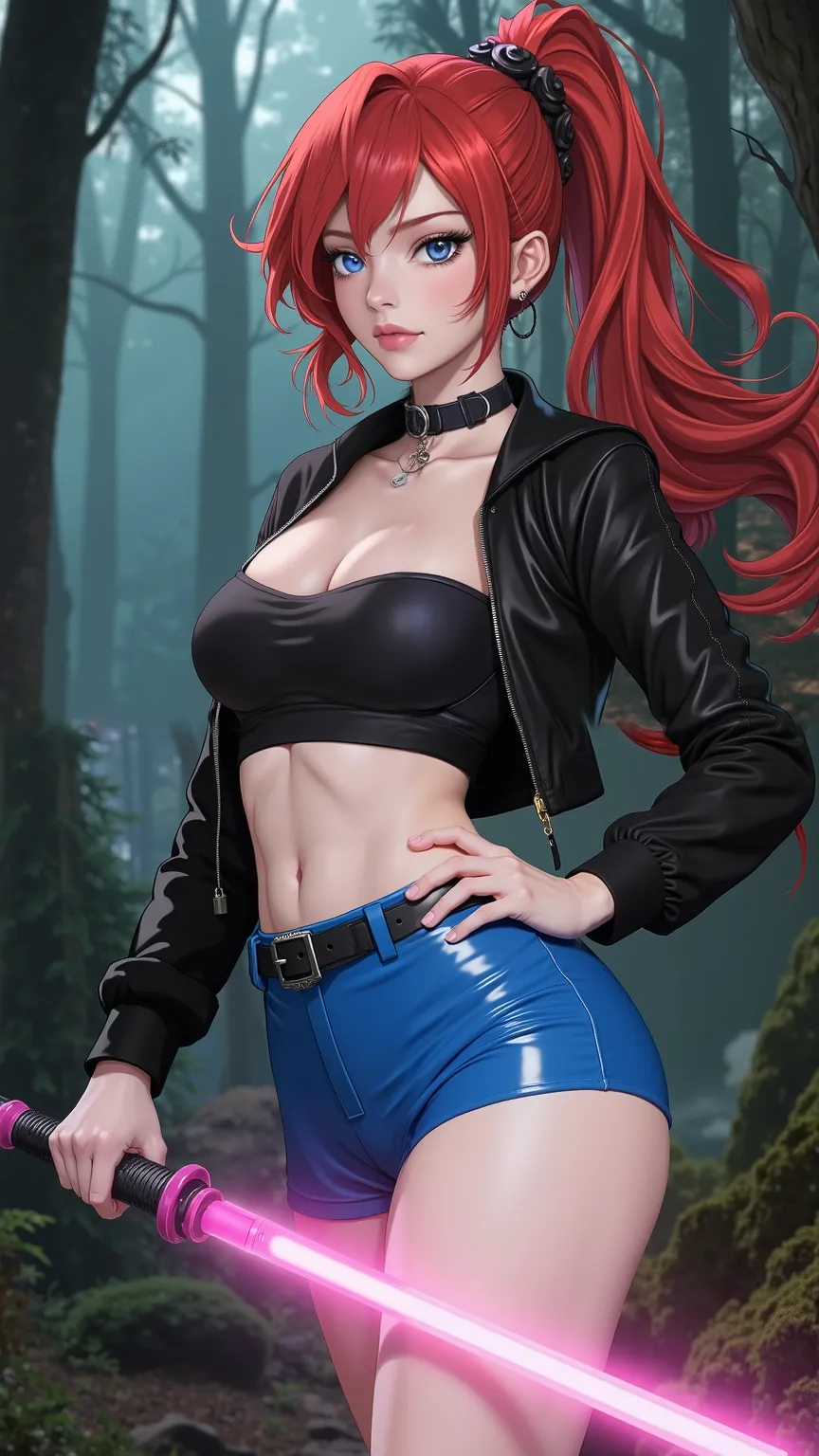 (masterpiece), (portrait) wavy hair parted, red hair, high ponytail, blue eyes, large breasts, prominent cleavage, hand on thigh, short black long-sleeved jacket, strapless tank top, short blue latex shorts, belt and choker, holds pink lightsaber sword, [[fantasy anime style]] forest, sexy pose