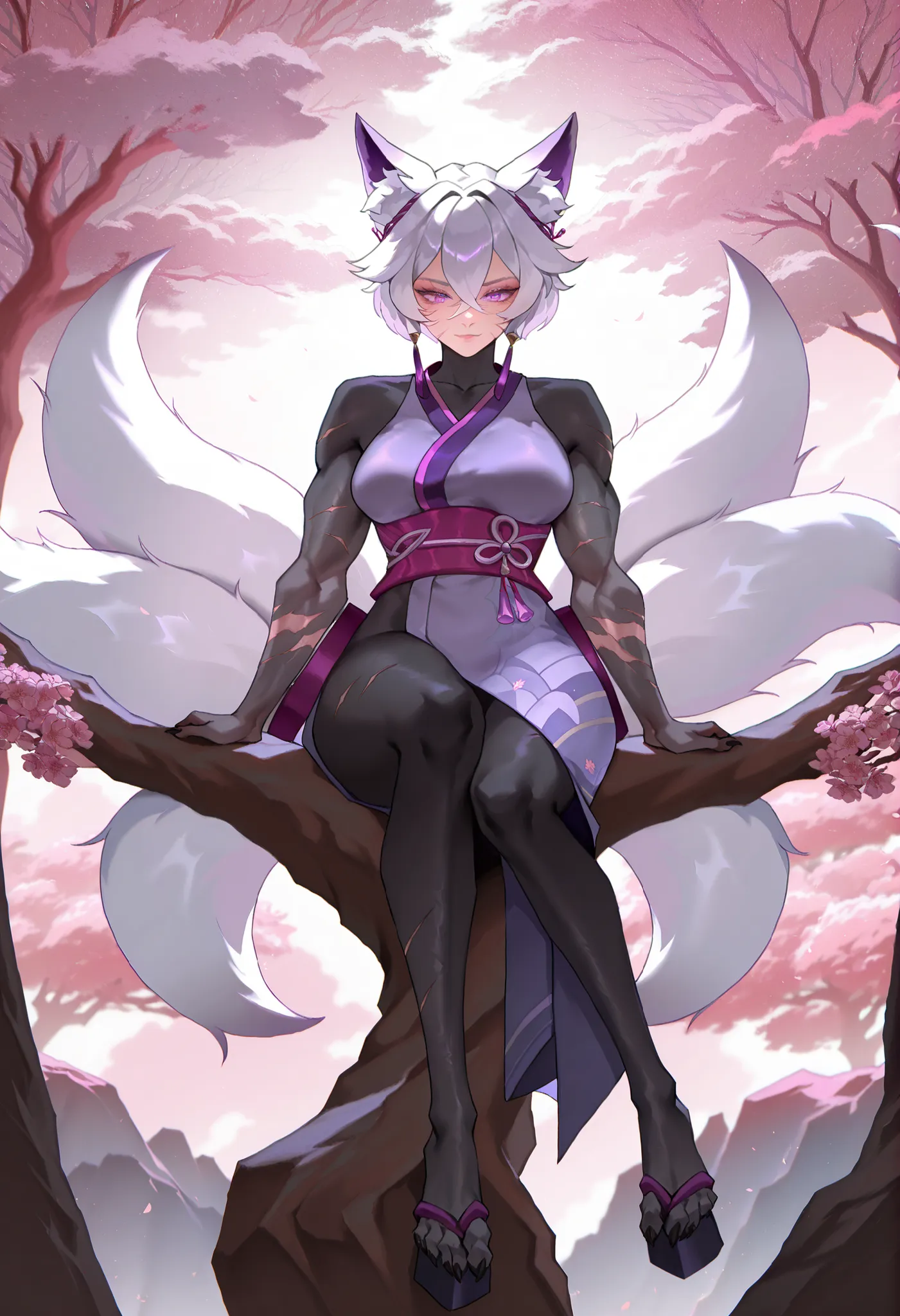 (top quality, best quality, by juliathedragoncat, High-quality illustrations, masterpiece, 16k, 1080p, uploaded on e621) (kemono, kitsune, alone), 1 female, very detailed body face and eyes, fox kami, (Sdorica), black and gray fur, fluff, muscular body, at...