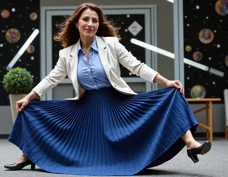 A stunning portrait captures my mother's mature beauty as she sits confidently on top of her desk, daringly spreading her legs amidst a vibrant space station backdrop featuring galaxies and spaceships. Her long pleated skirt flows around her, juxtaposing ...