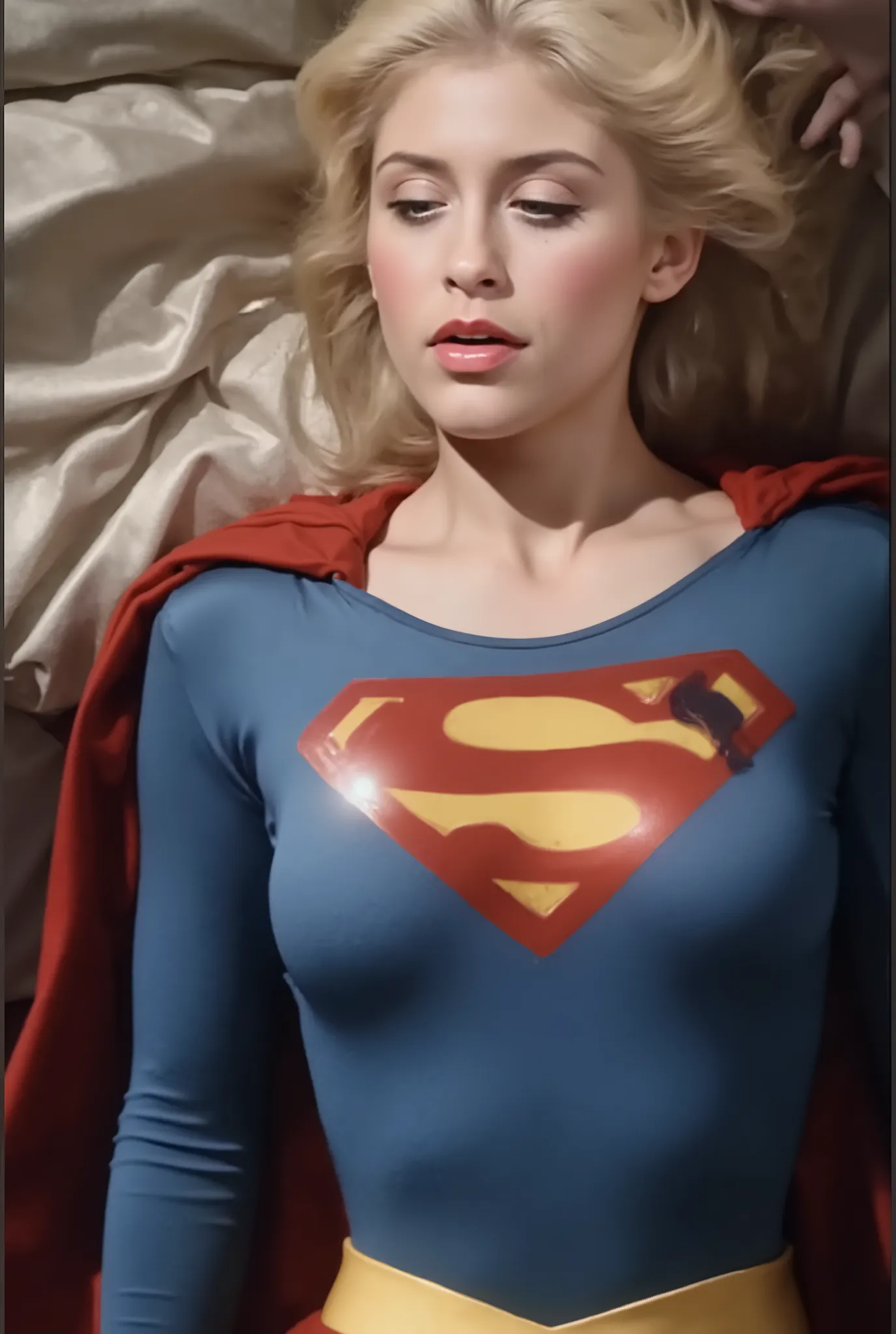 (Sexy and adorable beauty with long blond hair with blue eyes Helen Slater, she is wearing a long-sleeved blue crop top, In the chest "S" emblem、Gold trim on sleeves, short pleated red skirt and gold supergirl belt, tall red boots with gold trim , and a lo...