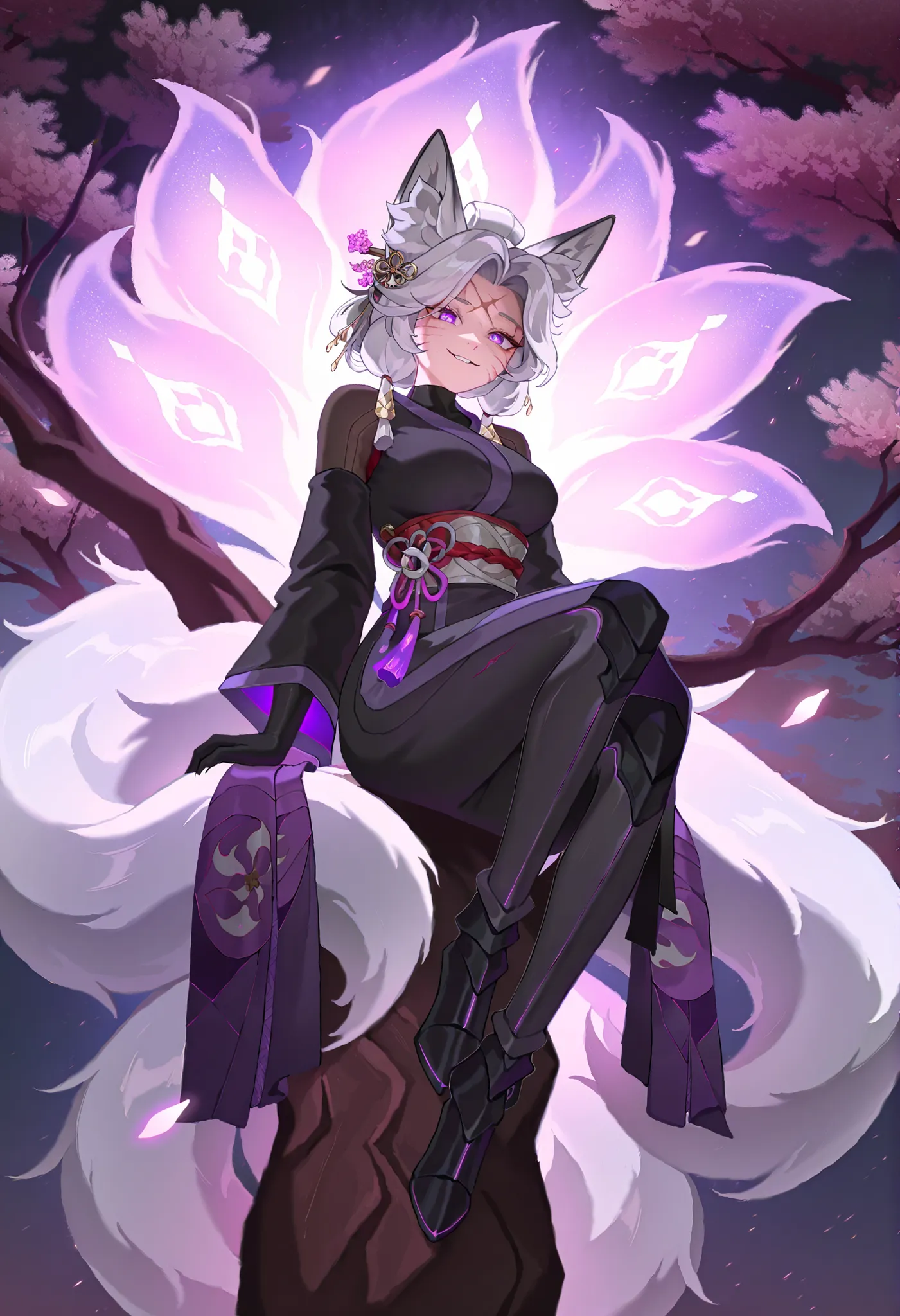 (top quality, best quality, by juliathedragoncat, High-quality illustrations, masterpiece, 16k, 1080p, uploaded on e621) (kemono, kitsune, alone), 1 female, very detailed body face and eyes, fox kami, (Sdorica), black and gray fur, fluff, muscular, dangero...