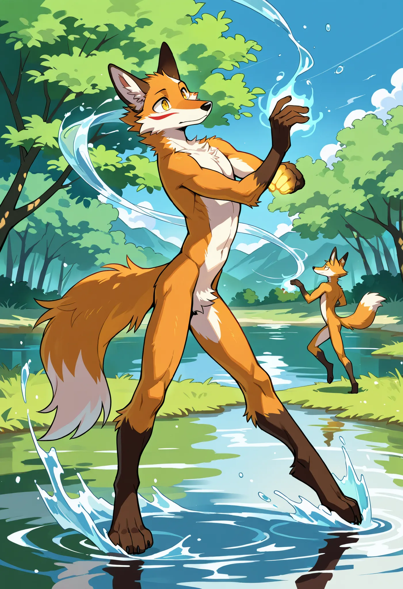 one person, skinny fox, gay, floating in air, model, glowing hands, round eyes, male, cute, lake, water dancing, water floating, side view, perfect, detailed, perfect body type, high resolution, anatomically accurate, detailed eyes, Best quality , 5 finger...