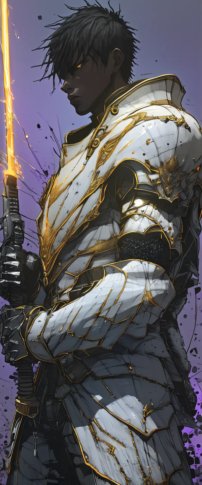 full body shot,((Dark and Broken Black-and-White Illustrations:1.5)), ((ung , Beautiful Muscular Body,  wearing a tight combat suit :1.5)), Sharp Expression,  With a gun , (Clothing color,  warm, orange, Yellow, Violet: 1.3), standing in a desolate field, ...