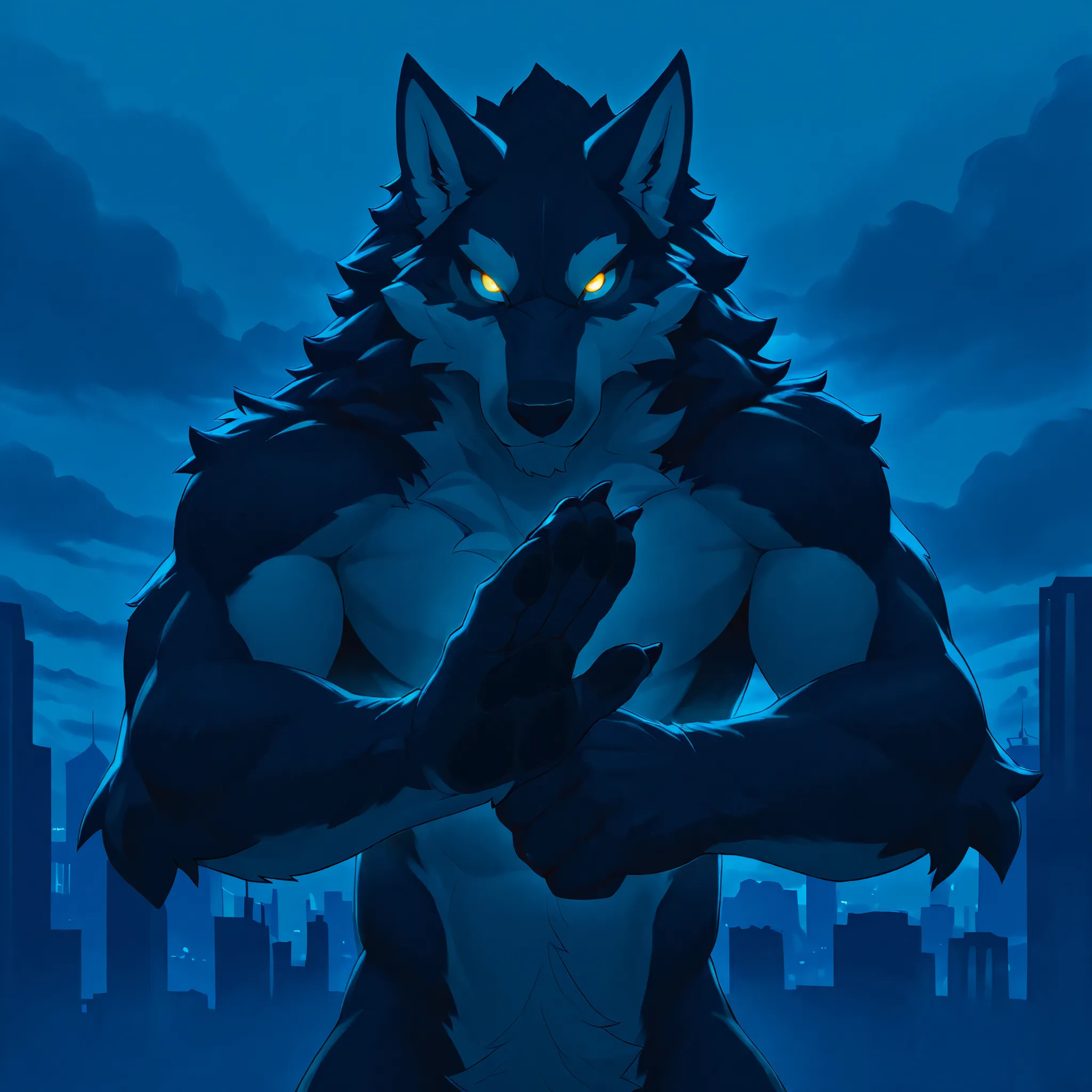 alone, mammal, anthropo, male, canid, canine, canis, wolf, werewolf, canine man, mythological canine, city, werewolf, canid man, (looking at viewer), fur, claws, digital medium (artwork), glowing eyes, 5 fingers, muscular, muscular man, silhouette, cloud, ...