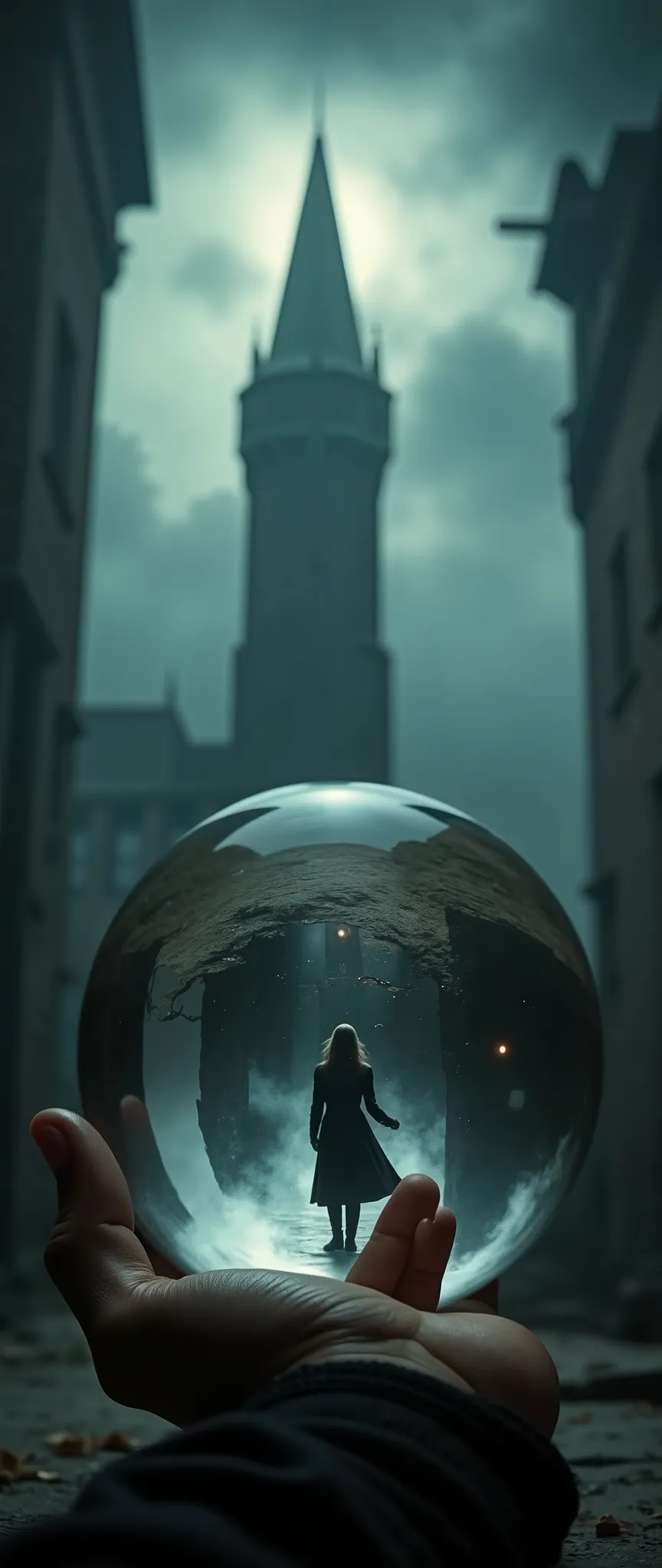  super close-up of a huge burning crystal ball  ,(  A dark tower shrouded in deep fog 、 is dramatically projected inside a crystal ball :2.0),(The Old Magician's Room  ), fantasy world ,(  magician woman shown inside the crystal ball is putting her hand on...