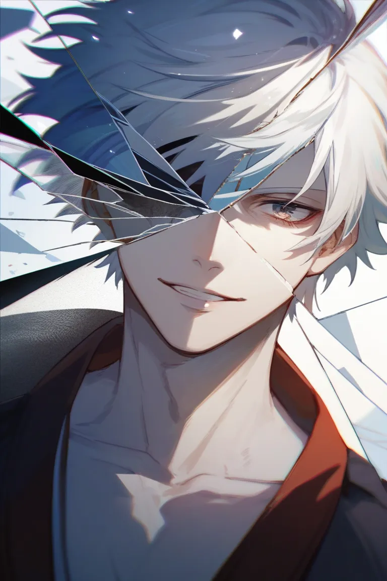 Ashura White hair, Pale skin with black veins, naginata. symbolism Broken mirror — reflects a distorted future.