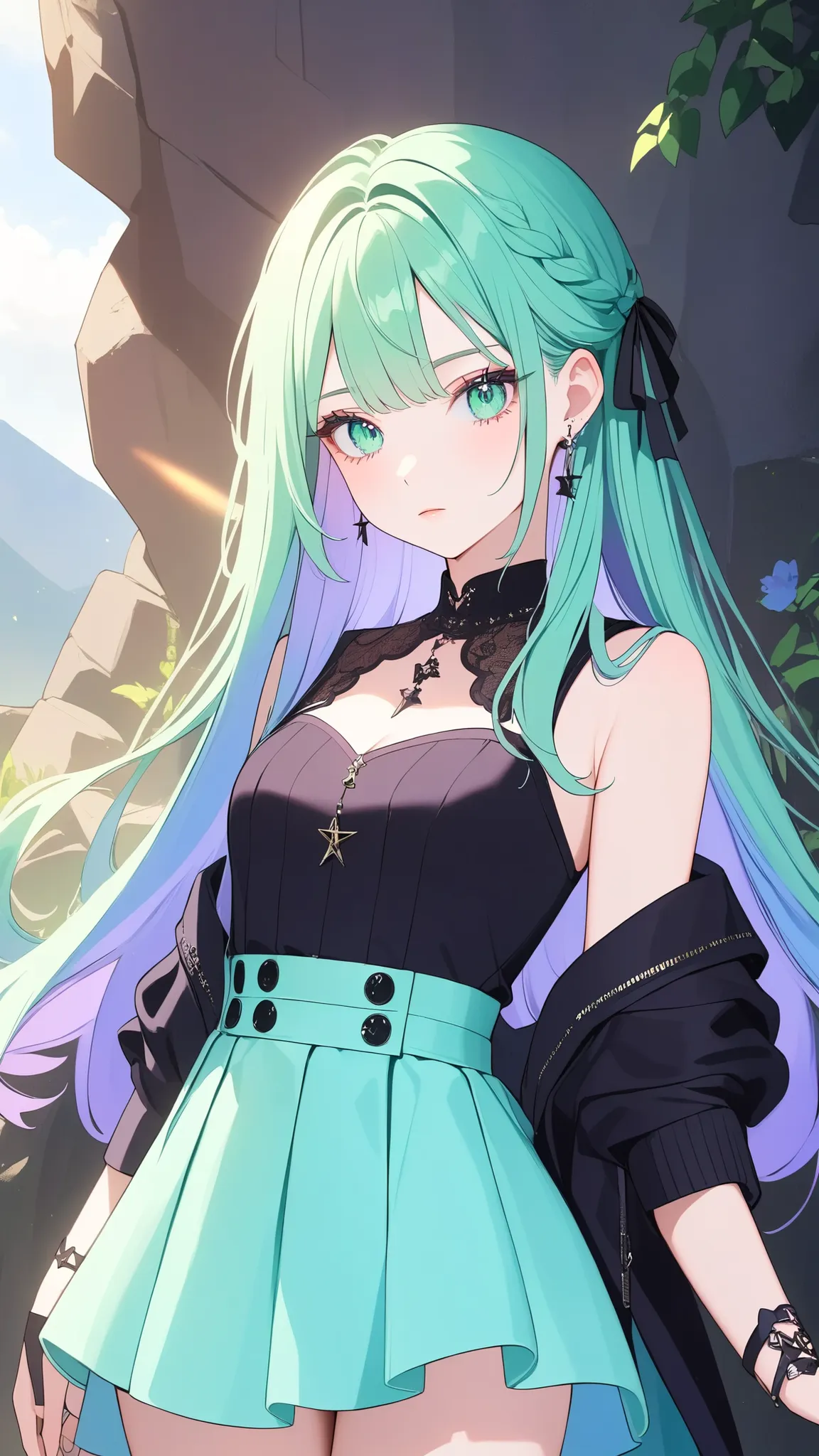  Pastell goth, girl, lange blaue Haare, green eyes, Rock und top 