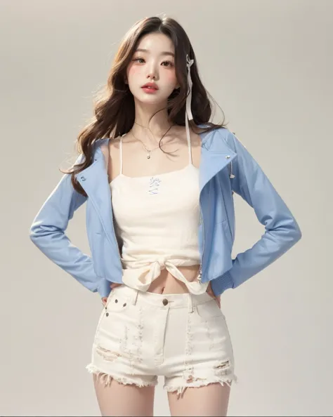 a woman in a white top and blue jacket is posing, korean women's fashion model, cropped shirt with jacket, full body cute young lady, photo of slim girl model, short jacket, pale blue outfit, blue outfit, casual modern clothing, blue jacket, pale blue, pas...