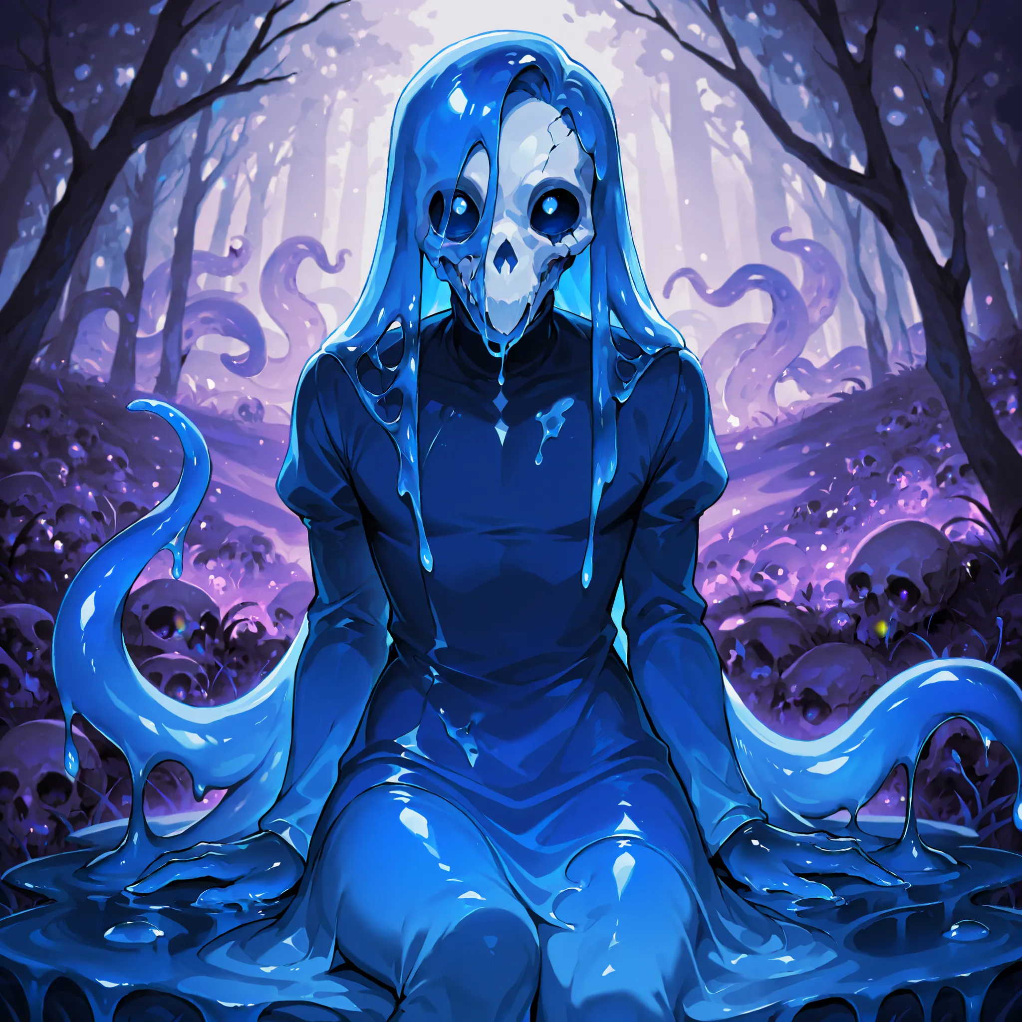 Slime: Imagine a feminine Slime with a gelatinous shape, but more defined, of a brilliant turquoise blue tone that reflects light. Body is fluid and malleable, but maintains a humanoid figure, Androgyny, anthro, skull face, crow mask on side of the head, t...