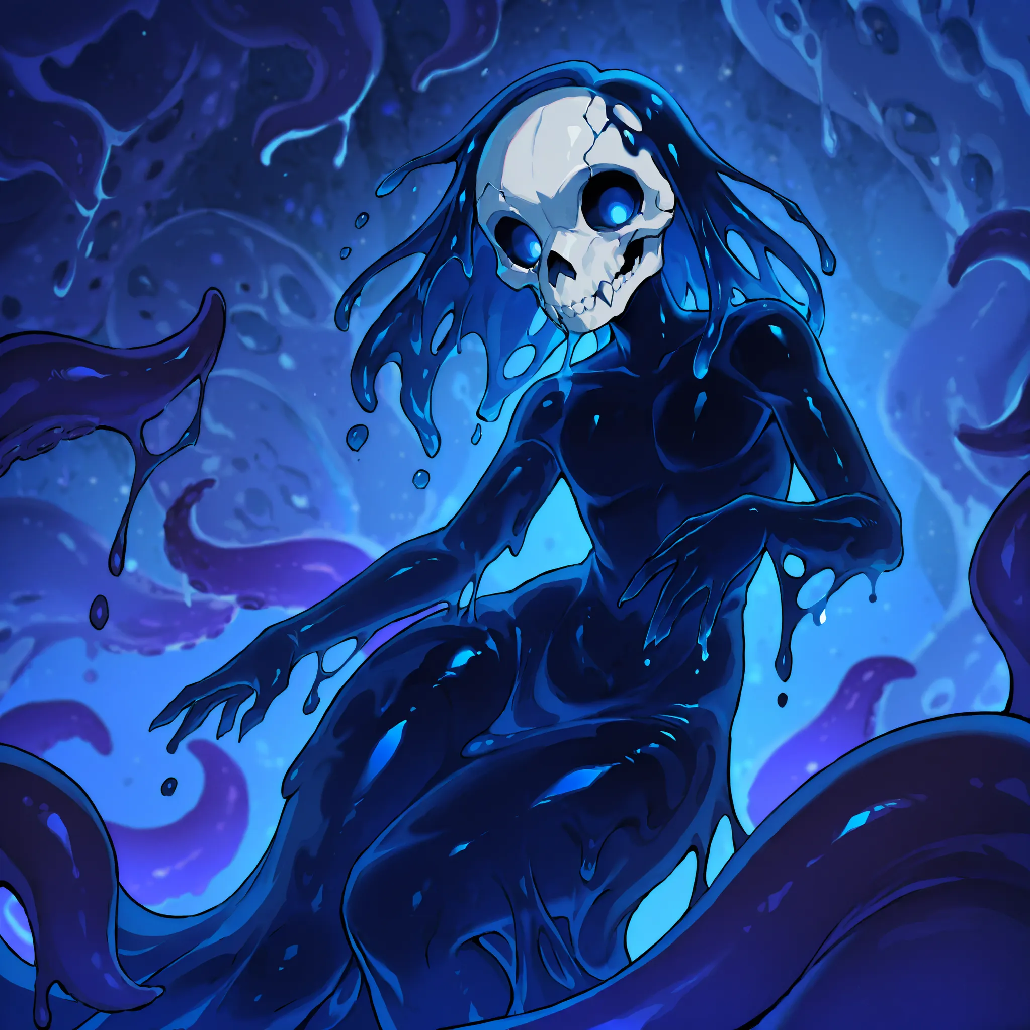 Slime: Imagine a feminine Slime with a gelatinous shape, but more defined, of a brilliant turquoise blue tone that reflects light. Body is fluid and malleable, but maintains a humanoid figure, Androgyny, anthro, skull face, crow mask on side of the head, t...
