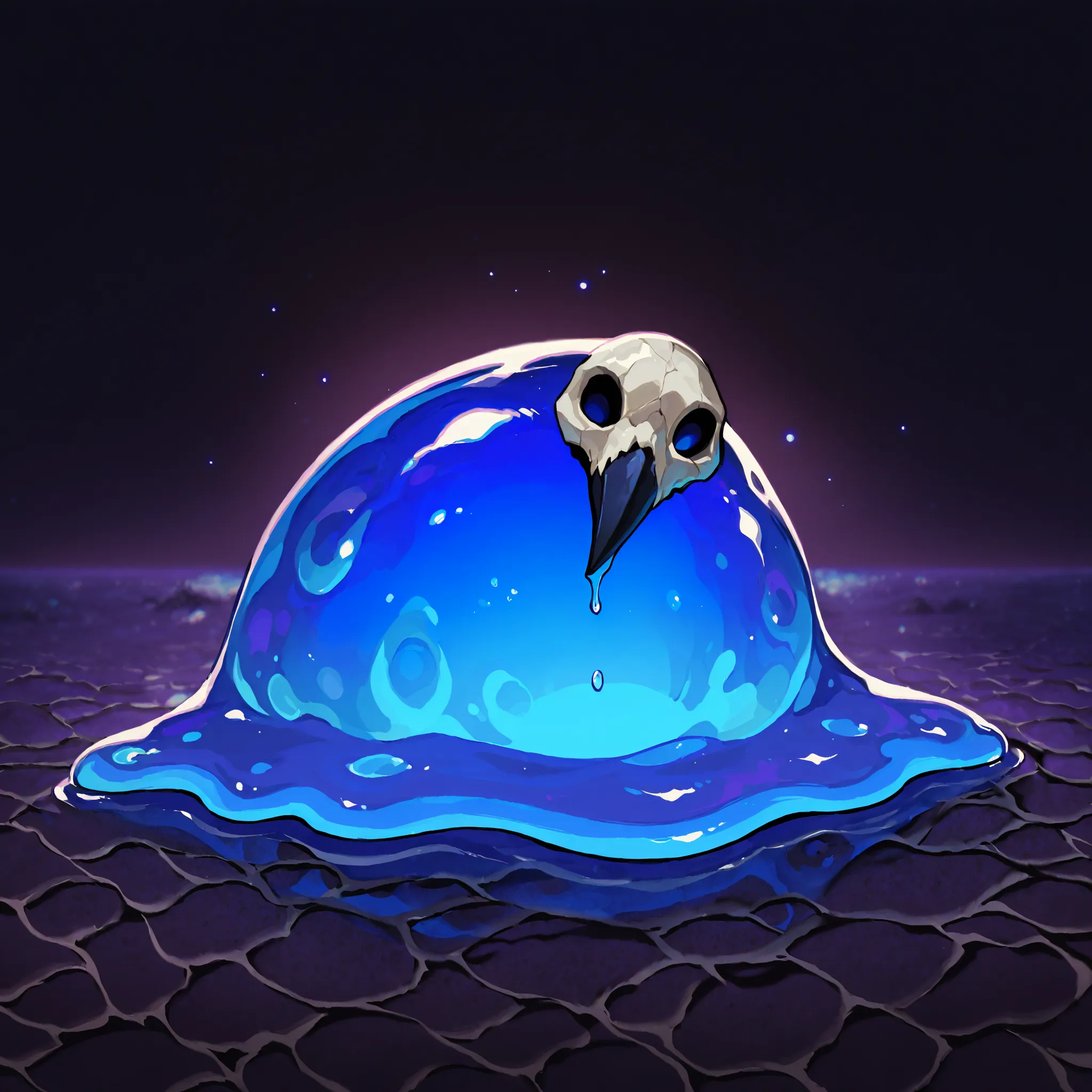 Adult Waifu Slime: Imagine a feminine Slime with a gelatinous shape, but more defined, of a brilliant turquoise blue tone that reflects light. Her body is fluid and malleable, but maintains a humanoid figure, skull face, crow mask on side of the head, tran...