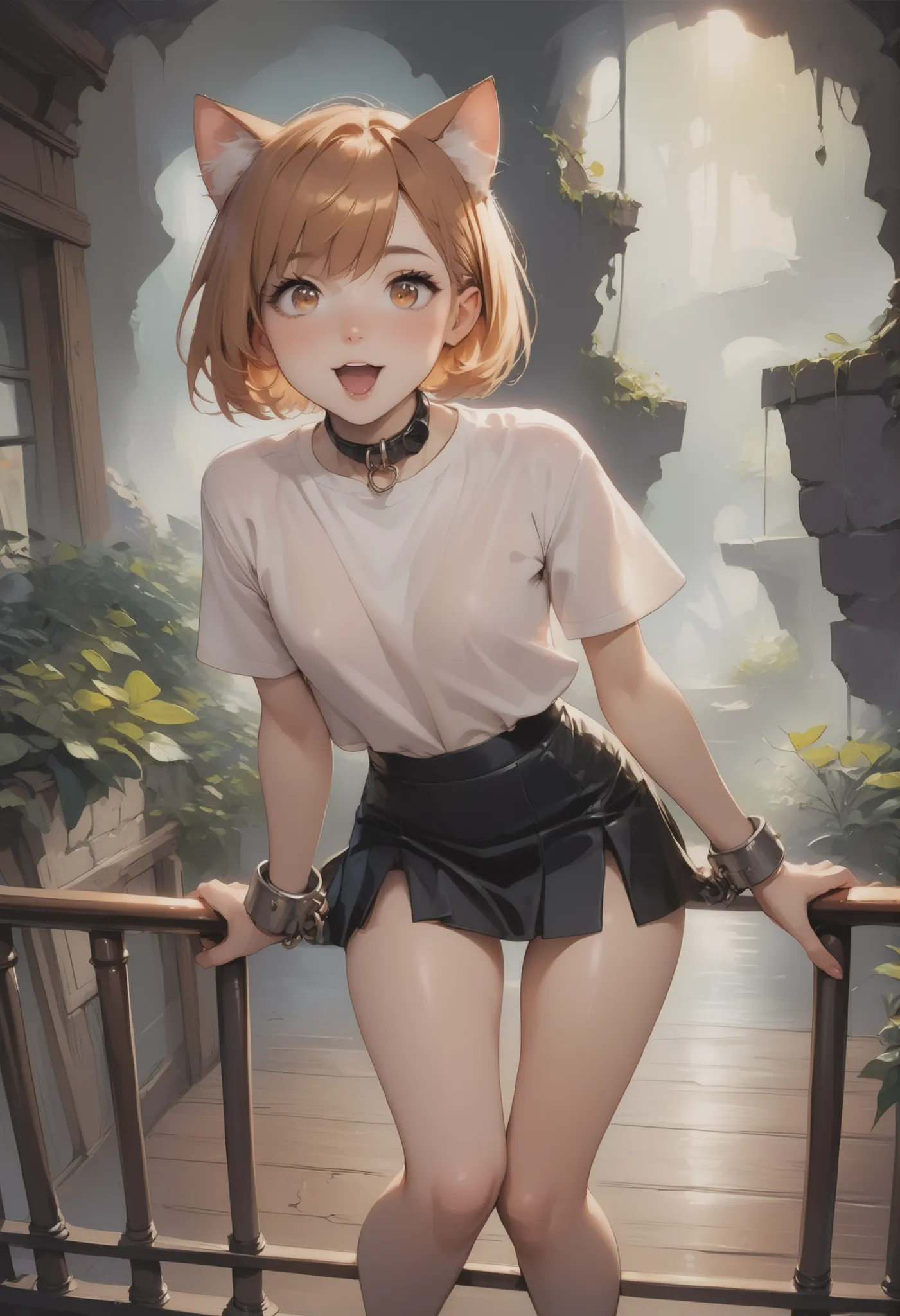score_9, score_8, score_7, In the dimly lit cave, a cat girl, her hazel eyes gleaming like amber in the gloom, leaned against the railing that encircled a massive tablet detailing an arcane formula, Her snug black skirt, barely visible in the faint light, ...