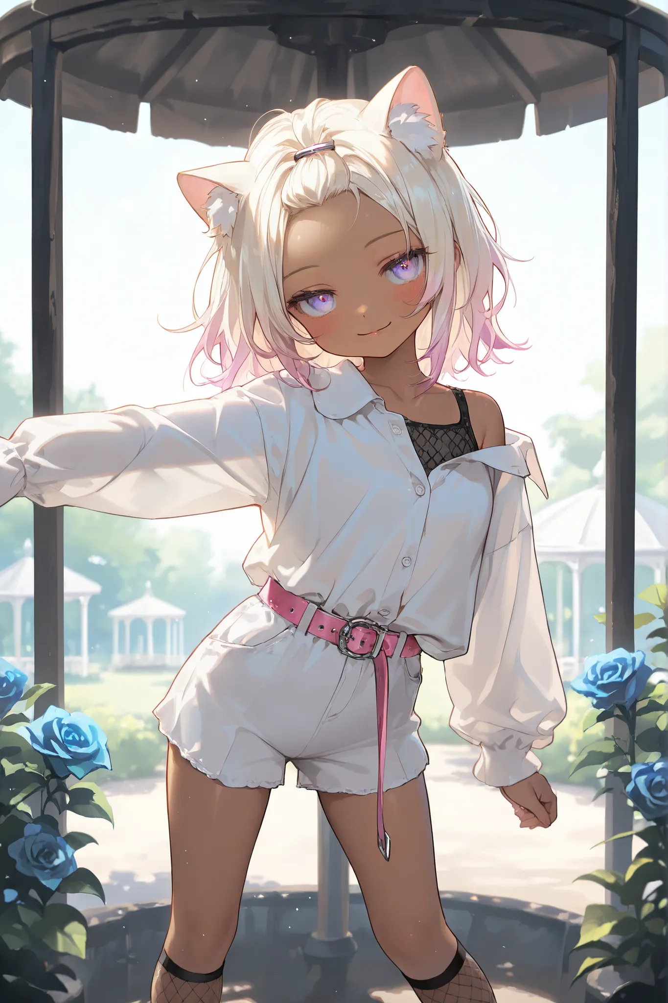 ((Masterpiece)), ((best quality, very aesthetic, absurdres, newest)), (wide shot, from side), (8K), (cinematic lighting), ((1girl)), (cute young girl), (Healthy body, Textured skin, small breast, tilt head), (brown-skin)), (Pale blonde hair, gradient hair,...