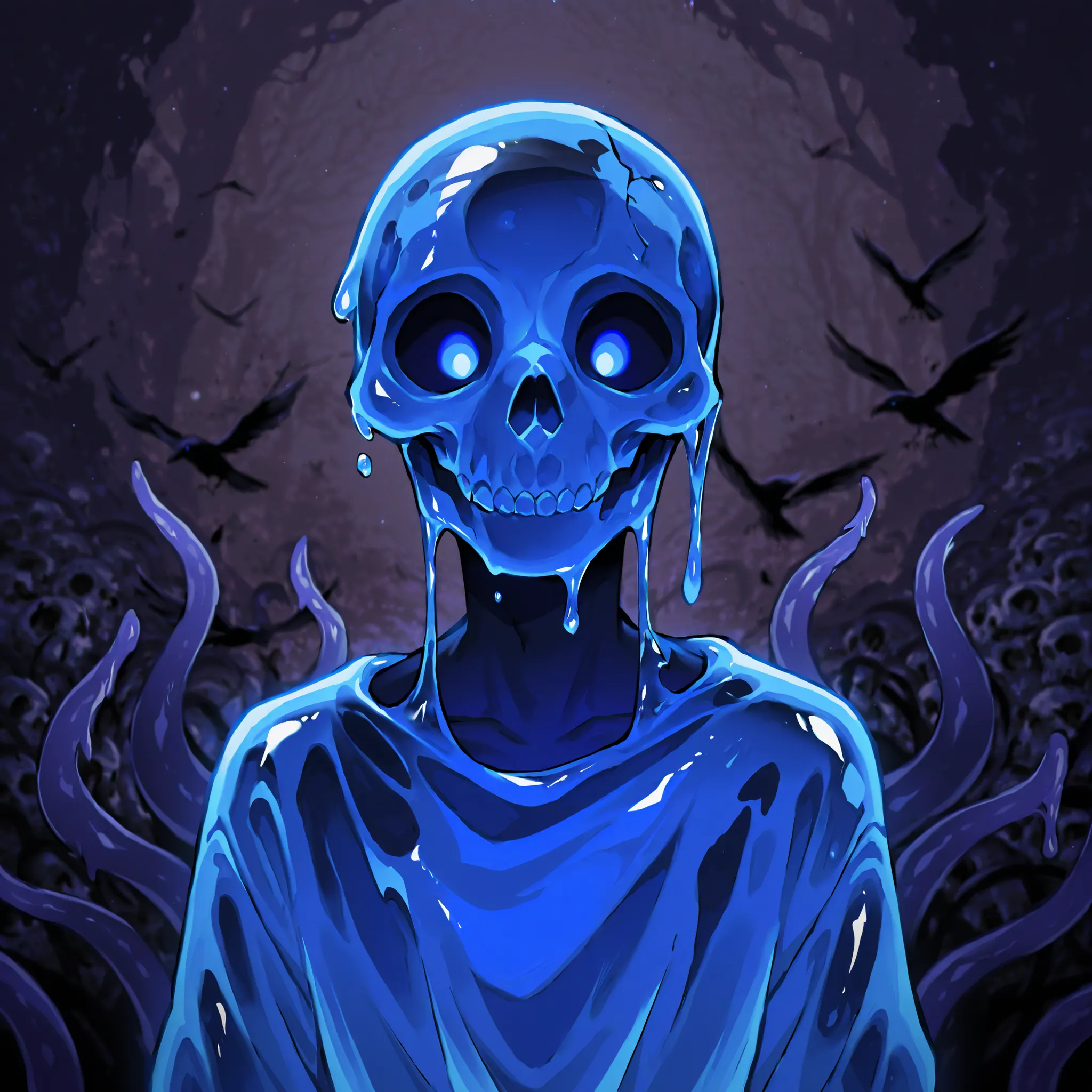 Slime: Imagine a feminine Slime with a gelatinous shape, but more defined, of a brilliant turquoise blue tone that reflects light. Body is fluid and malleable, but maintains a humanoid figure, Androgyny, anthro, skull face, crow mask on side of the head, t...