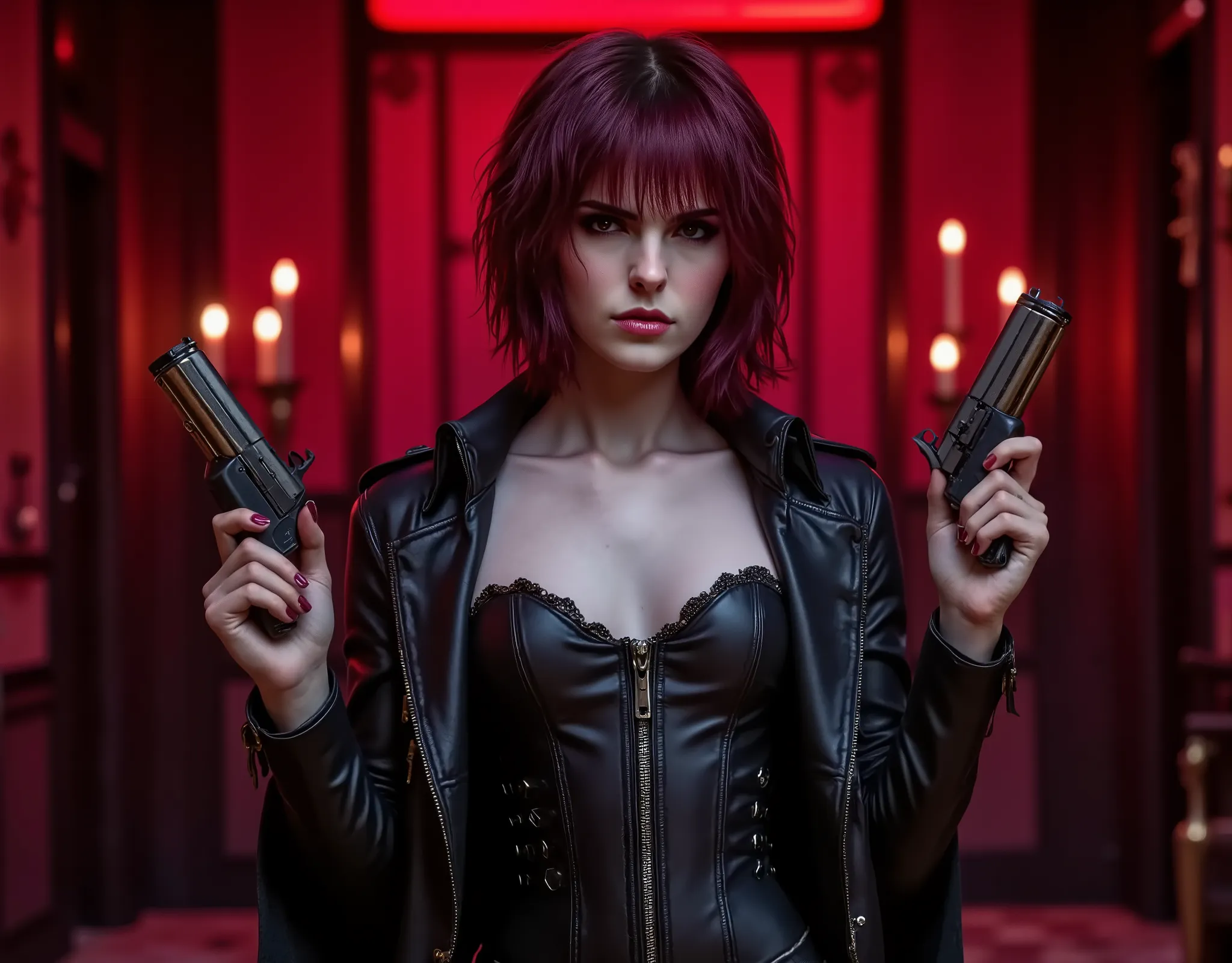 Arafed woman Super sexy latex Outfit photo fighting , vampire teeth, smile, entering in a gothic red room, guns in her holsters, deather dealer outfit from the movie Underworld, Selene, leather trenchcoat, leather corset