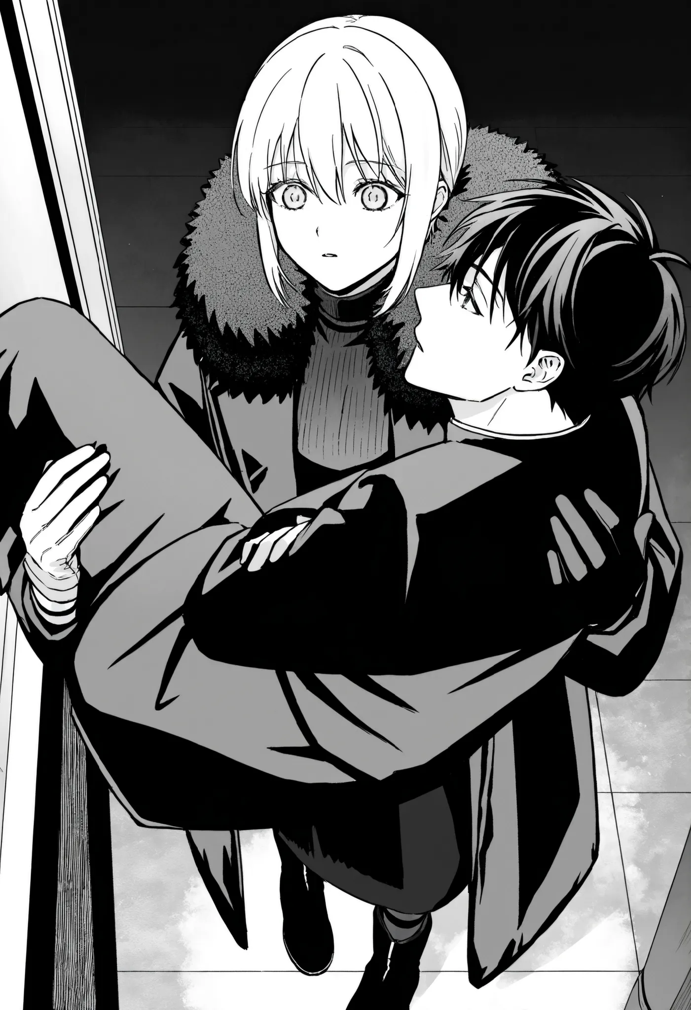 score_9,score_8_up,score_7_up,source manga,,,masterpiece,best quality,BAROQUE,1girl, solo,in front,standing,short hair, white hair and large expressive eyes,long dark dress,coat ,large fluffy fur collar,boots,manga style,clean black and white line art,shad...