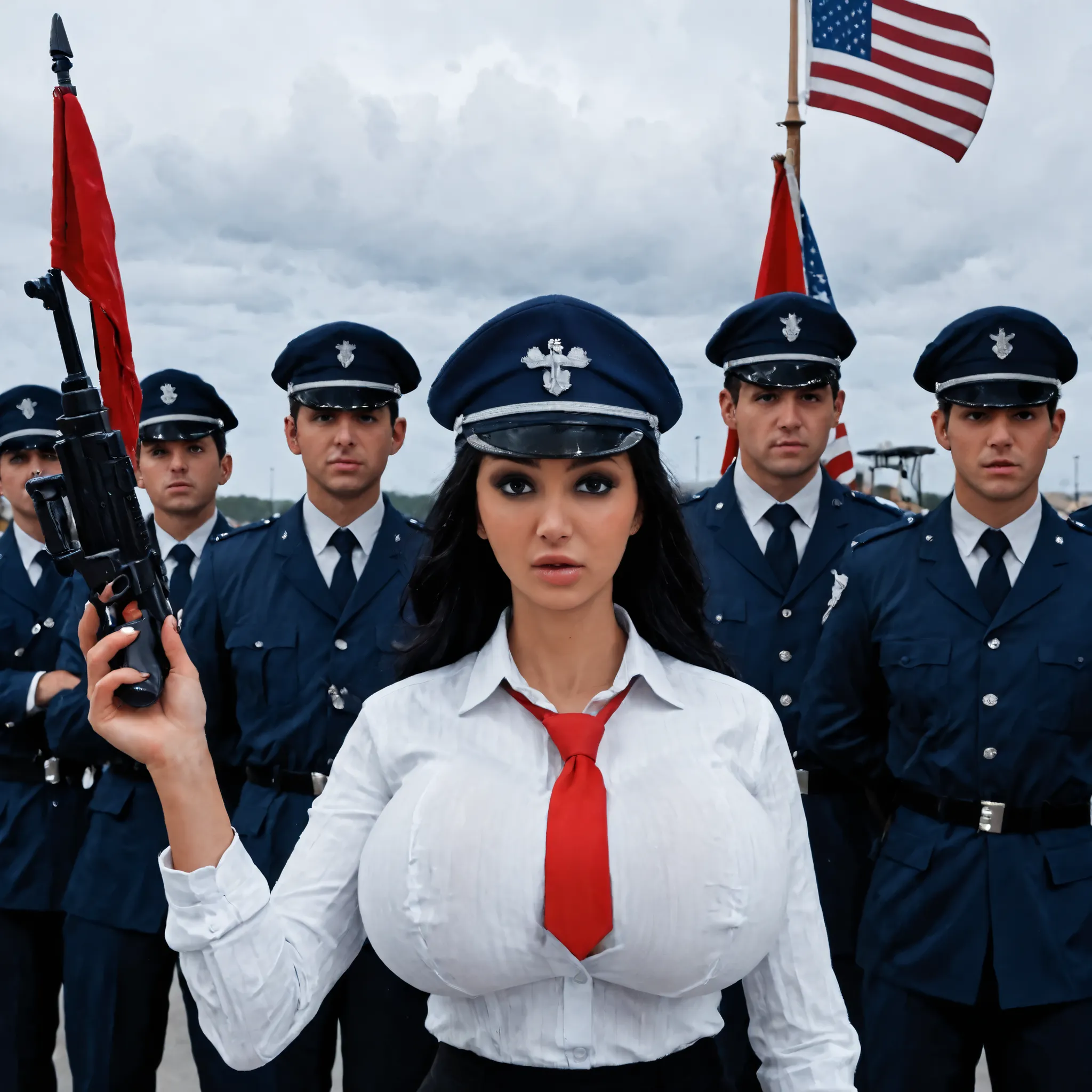 A dynamic and powerful figure dressed in 19th-century revolutionary attire stands with arms extended, one hand clutching a rifle that points toward the sky. Her attire consists of a tight-fitting blue bodice buttoned up the front, accentuating her form, an...
