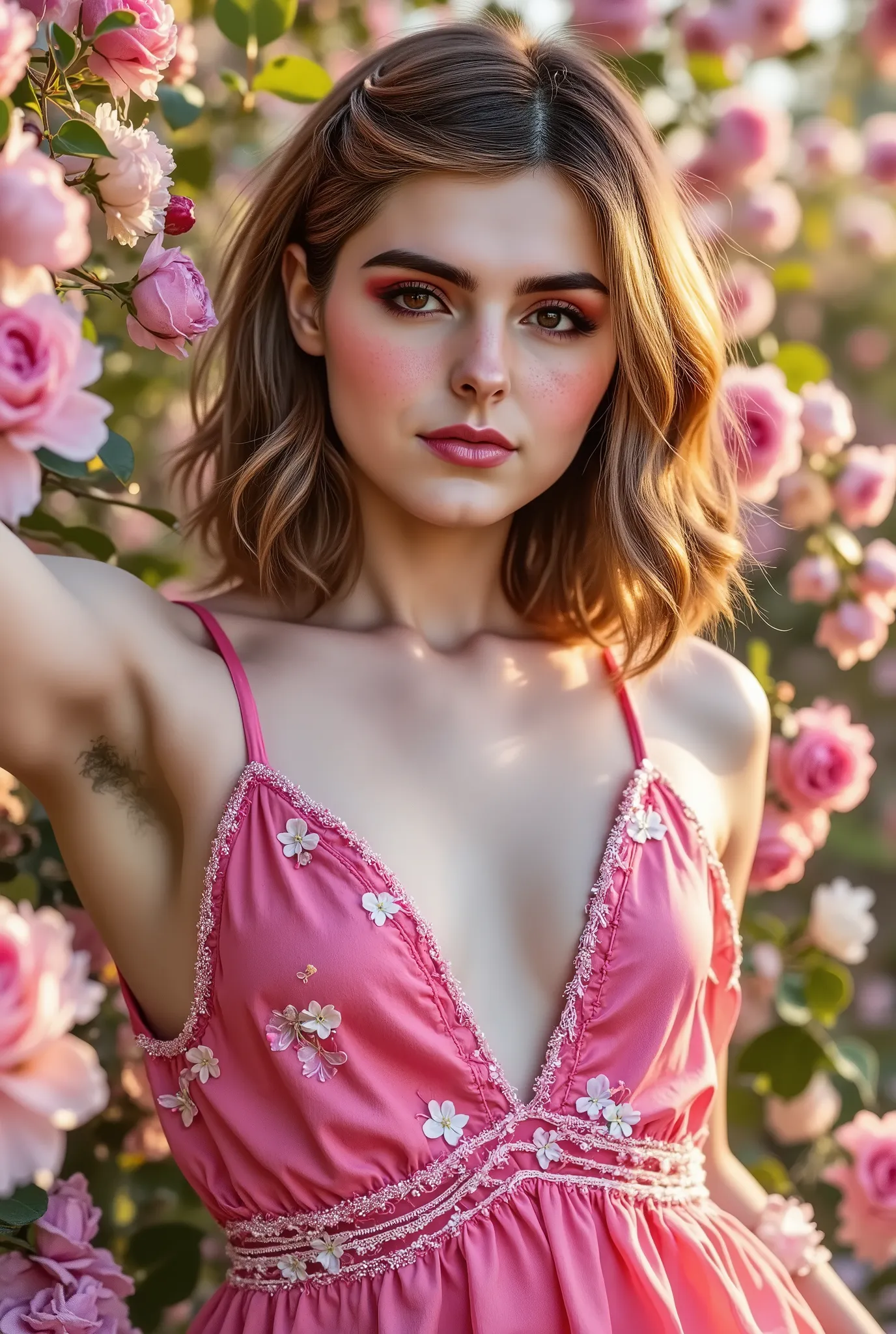 a close up of a woman in a pink dress in a field of flowers, dressed in a pink dress, pink dress, sundress, dressed in a flower dress, wearing pink floral gown, wearing sundress, wearing a pink dress, opened dress, pink girl, beautiful girl, summer dress, ...
