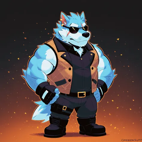 score_9, score_8_up, score_7_up, freddy, wolf boy, light blue fur, 1boy, solo, black belt, scar, earrings, furry, bara, sunglasses, black fingerless gloves, vest, full body, cute, by greenendorf 