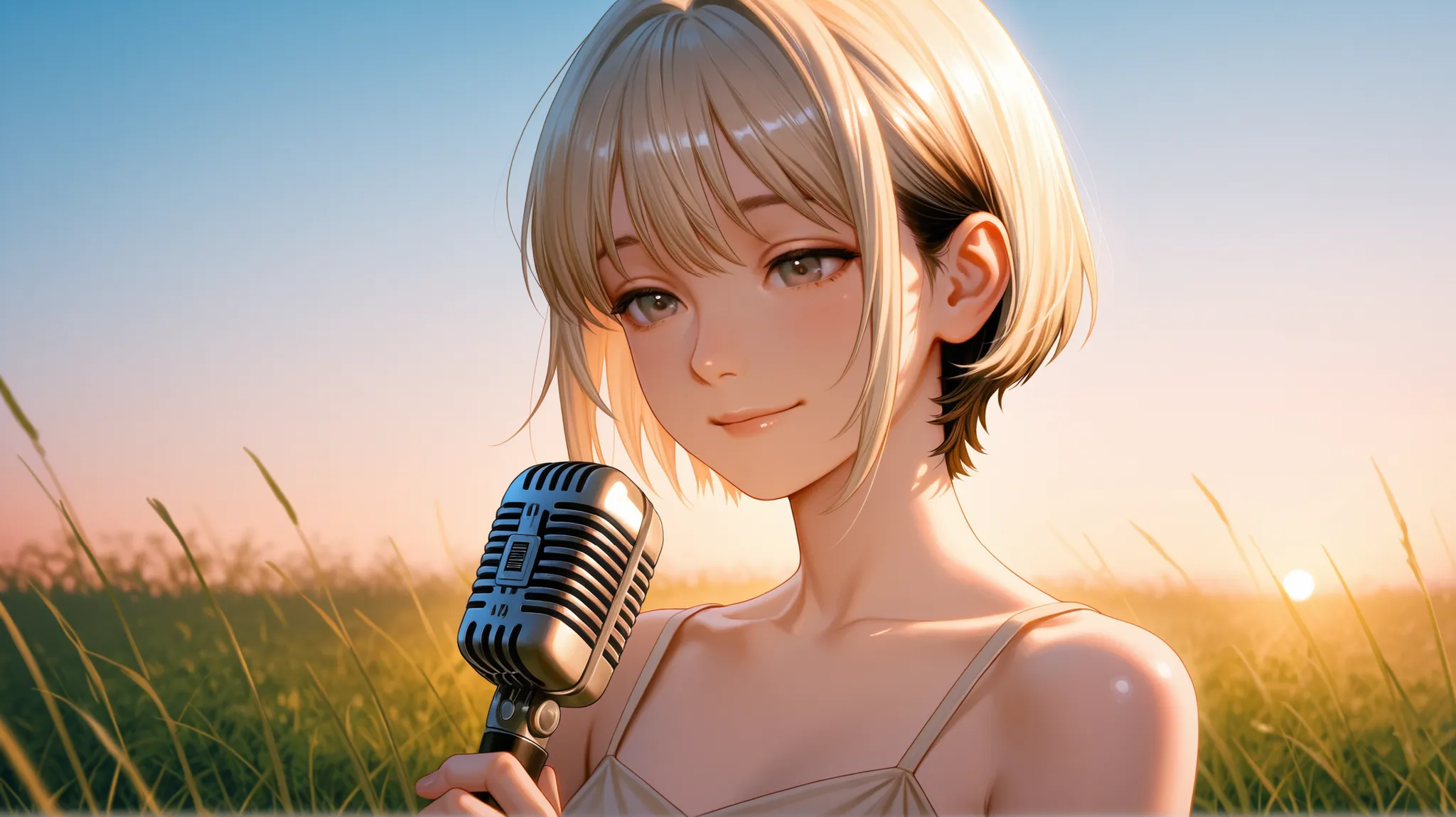 A cinematic close-up portrait of a beautiful young Asian woman in her 20s with a short, half-black half-blonde haircut. She is standing in a lush, green natural setting at sunset, holding a vintage-style broadcast microphone as if she's singing. She wears ...