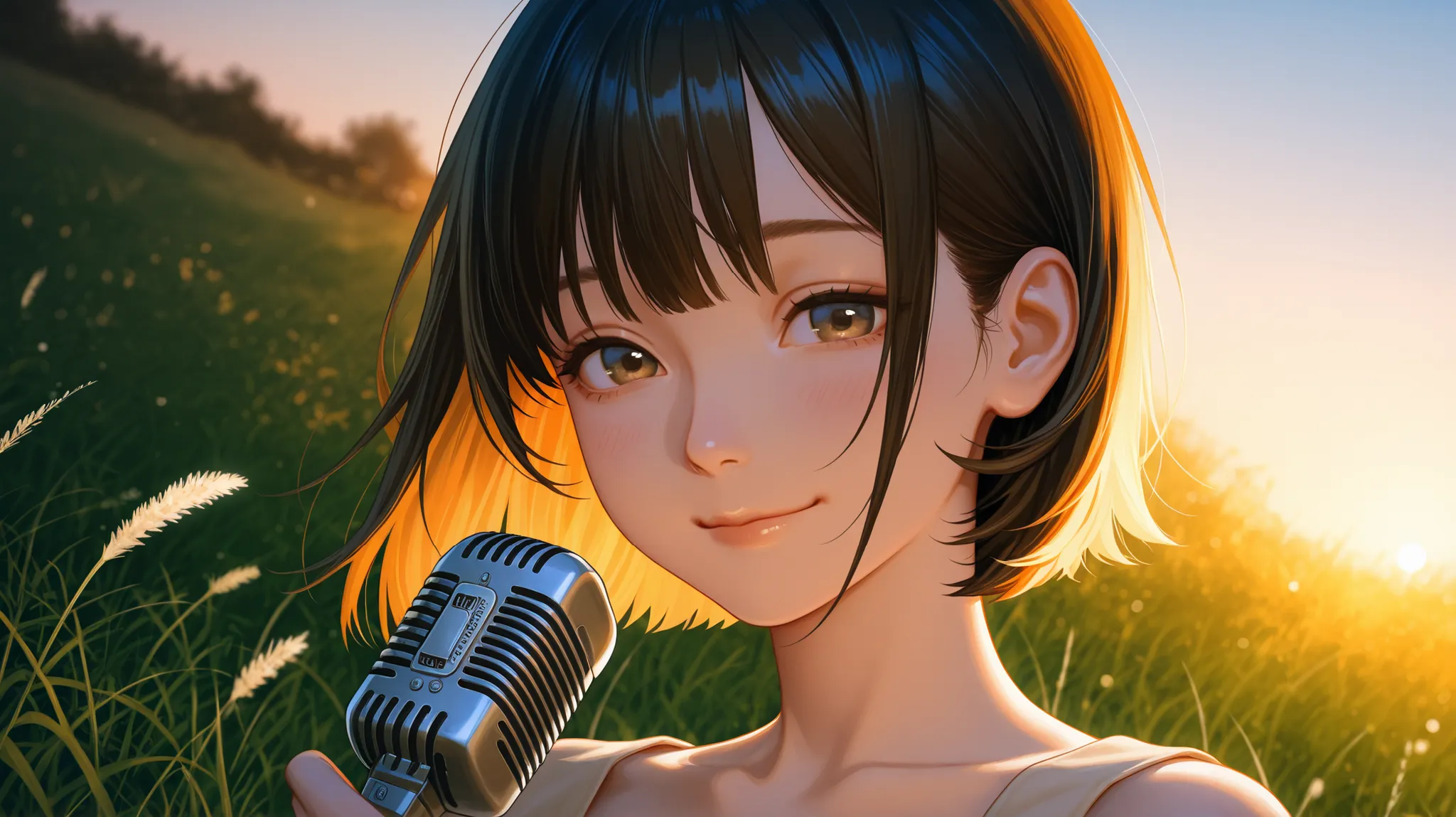A cinematic close-up portrait of a beautiful young Asian woman in her 20s with a short, half-black half-blonde haircut. She is standing in a lush, green natural setting at sunset, holding a vintage-style broadcast microphone as if she's singing. She wears ...