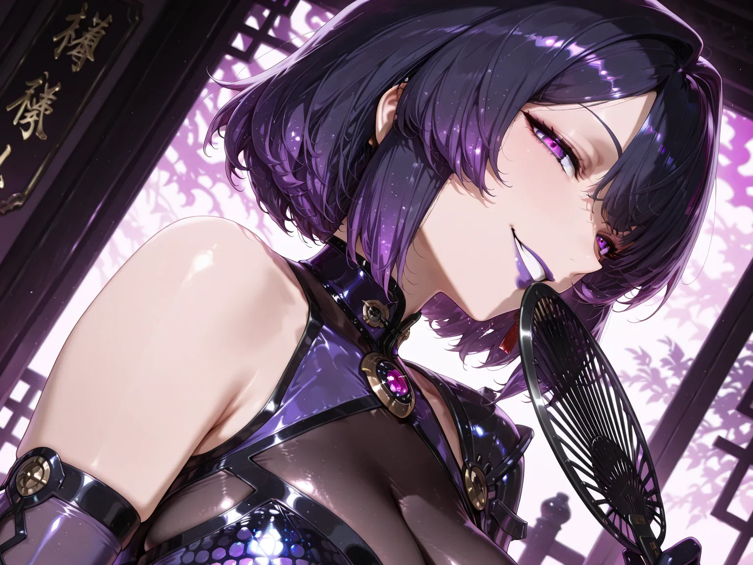 Mature beautiful woman, solo, (incredible high resolution, masterpiece, best quality, highly detailed, CG, high quality anime drawing), (seductive woman in cheongsam), (dark blue glitter galaxy pattern: 1.4, tight fitting, glitter galaxy pattern printed cheongsam: 1.4, one shoulder, luxuriously decorated Japanese iron Fan), (purple eyes, half open droopy eyes, large breasts, glossy purple lips, shadowed face, high quality skin), (evil woman's smile, forming a seductive smile like a high-class prostitute, a mixture of fascination and fascination, hiding her mouth with an open Japanese iron Fan, Japanese iron Fan), (beautiful detailed background, sexy cutout, background: luxurious Chinese-style palace, dark atmosphere, blurred background, purple light, purple mist), (dynamic angle, extreme close up face, focus on face, side view)