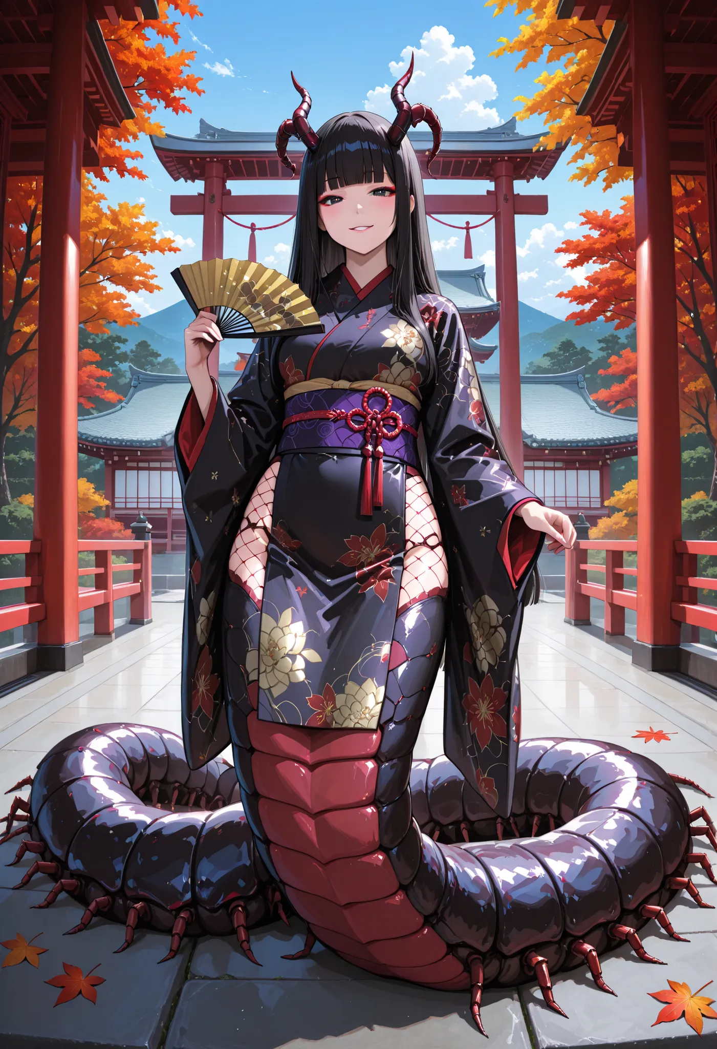 Japanese dress girl. Style similar to Lamia. Fusion with centipede. Cyber circuit pattern costume. Centipede pattern costume. Black hair. Long hair. Straight bangs. Horns. Ironic smile. Folding fan. Insect legs. Centipede legs. Japanese architecture. Bal...