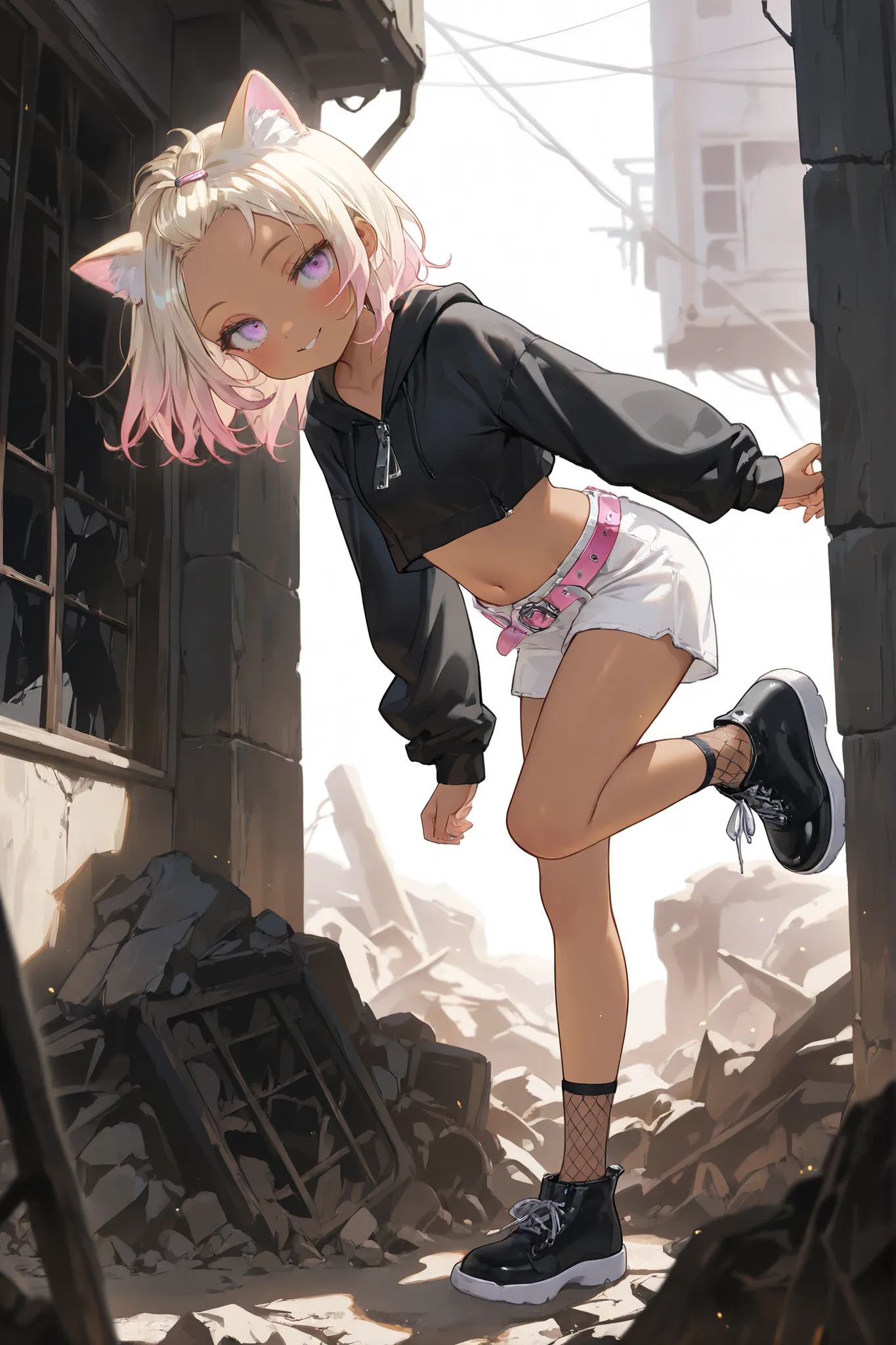 ((Masterpiece)), ((best quality, very aesthetic, absurdres, newest)), (wide shot, from side), (8K), (cinematic lighting), ((1girl)), (cute young girl), (Healthy body, Textured skin, small breast, tilt head), (brown-skin)), (Pale blonde hair, gradient hair,...