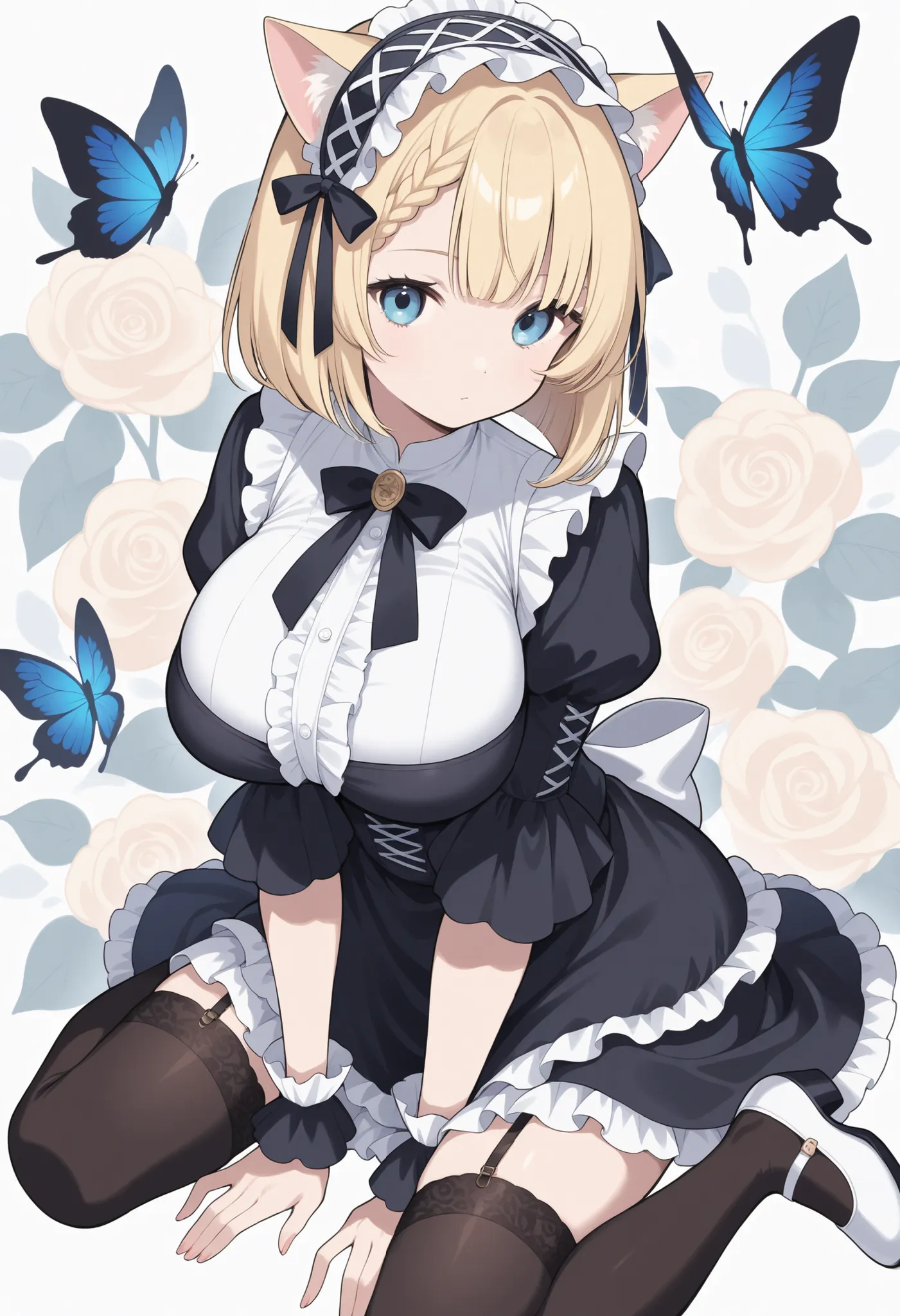 Blonde Cat Ears、bob cut blonde hair、 braids on both sides、big breasts、