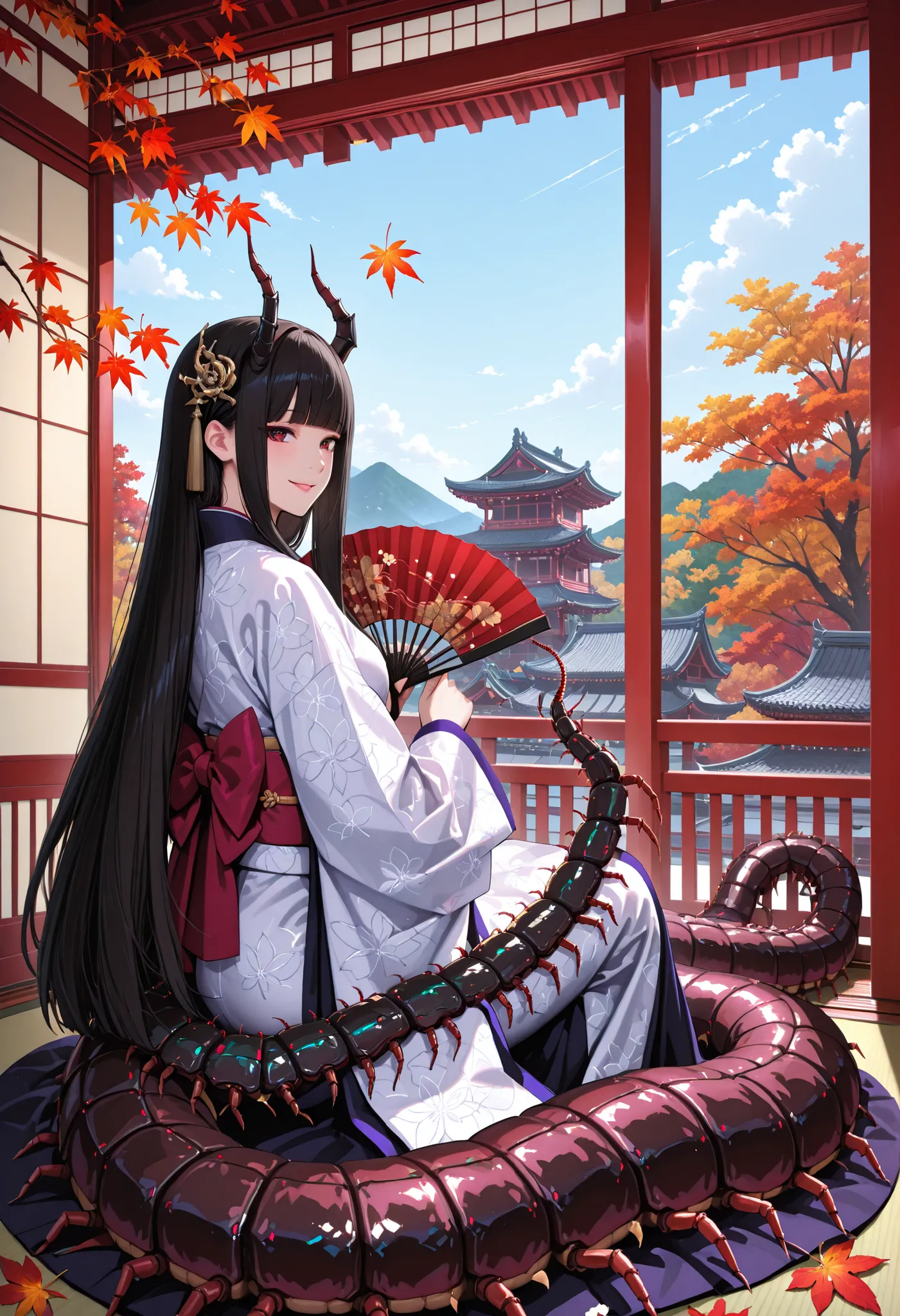 Japanese dress girl. Style similar to Lamia. Fusion with centipede. Cyber circuit pattern costume. Centipede pattern costume. Black hair. Long hair. Straight bangs. Horns. Ironic smile. Folding fan. Insect legs. Centipede legs. Japanese architecture. Bal...