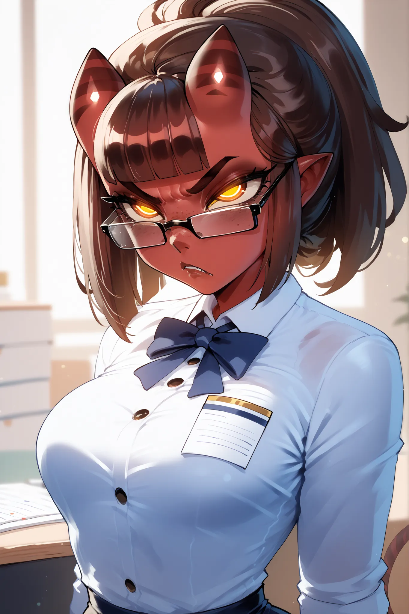 Meruccubus from "Merunyaa" oficial artist, red skin, succubus, yellow eyes, BROWN HAIR
ultra detailed, absolutely high resolution, masterpiece;
(secretary outfit, angry face, glasses, tight clothes marking her waist and breasts, tied hair)