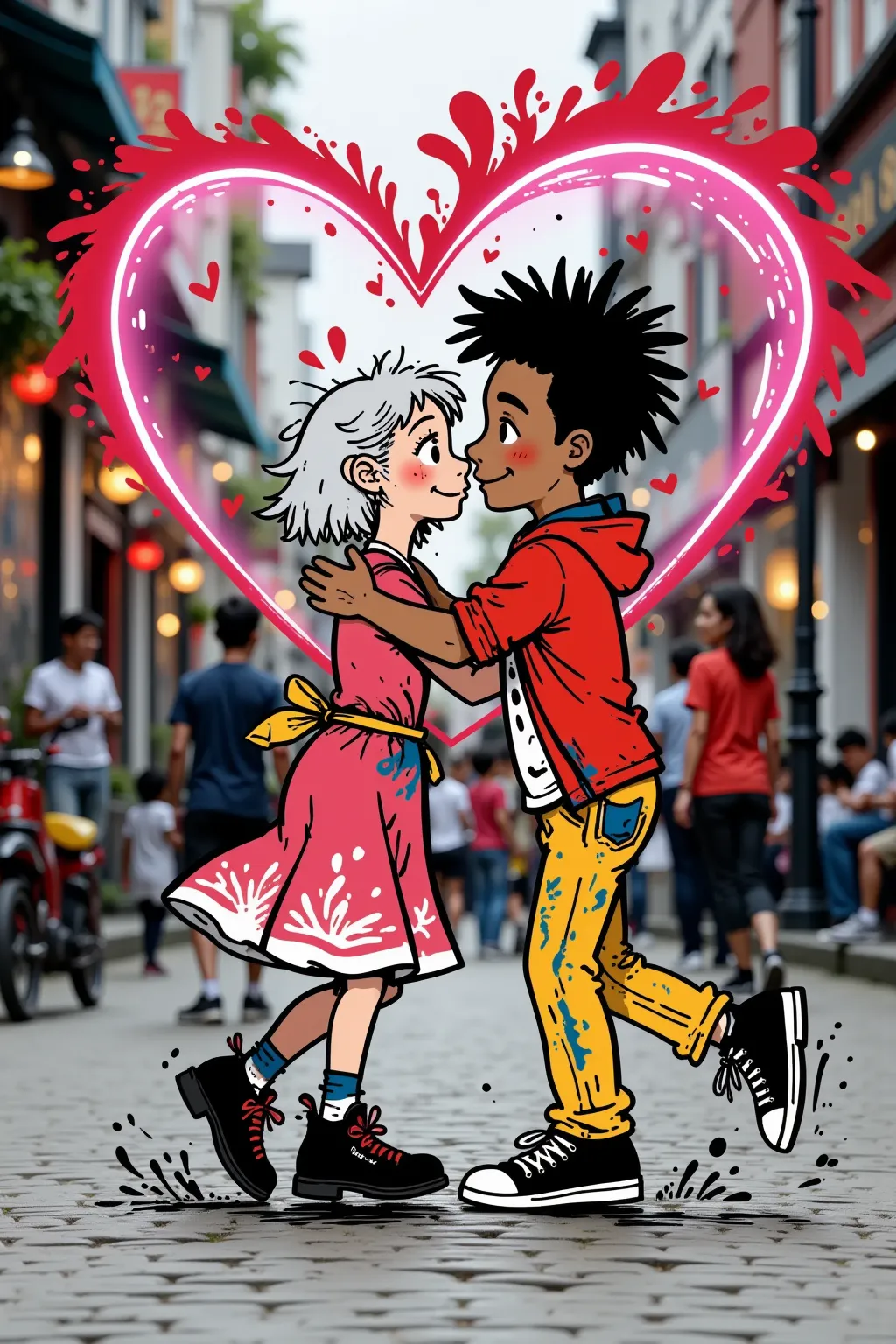 a couple of a platinum girl and a Moroccan boy, they are kissing under a neon heart with the cutter "Cantallera and Lobo". fun image
