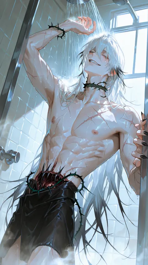 (40 year old male, handsome,1 man, handsome man, tall man, Thick painted, quite attractive, tall, toned body, unnatural white skin, colored skin, skin full of cuts and scars, sharp black claws, sharp teeth, attractive, scar at the height of the eyes, scar ...