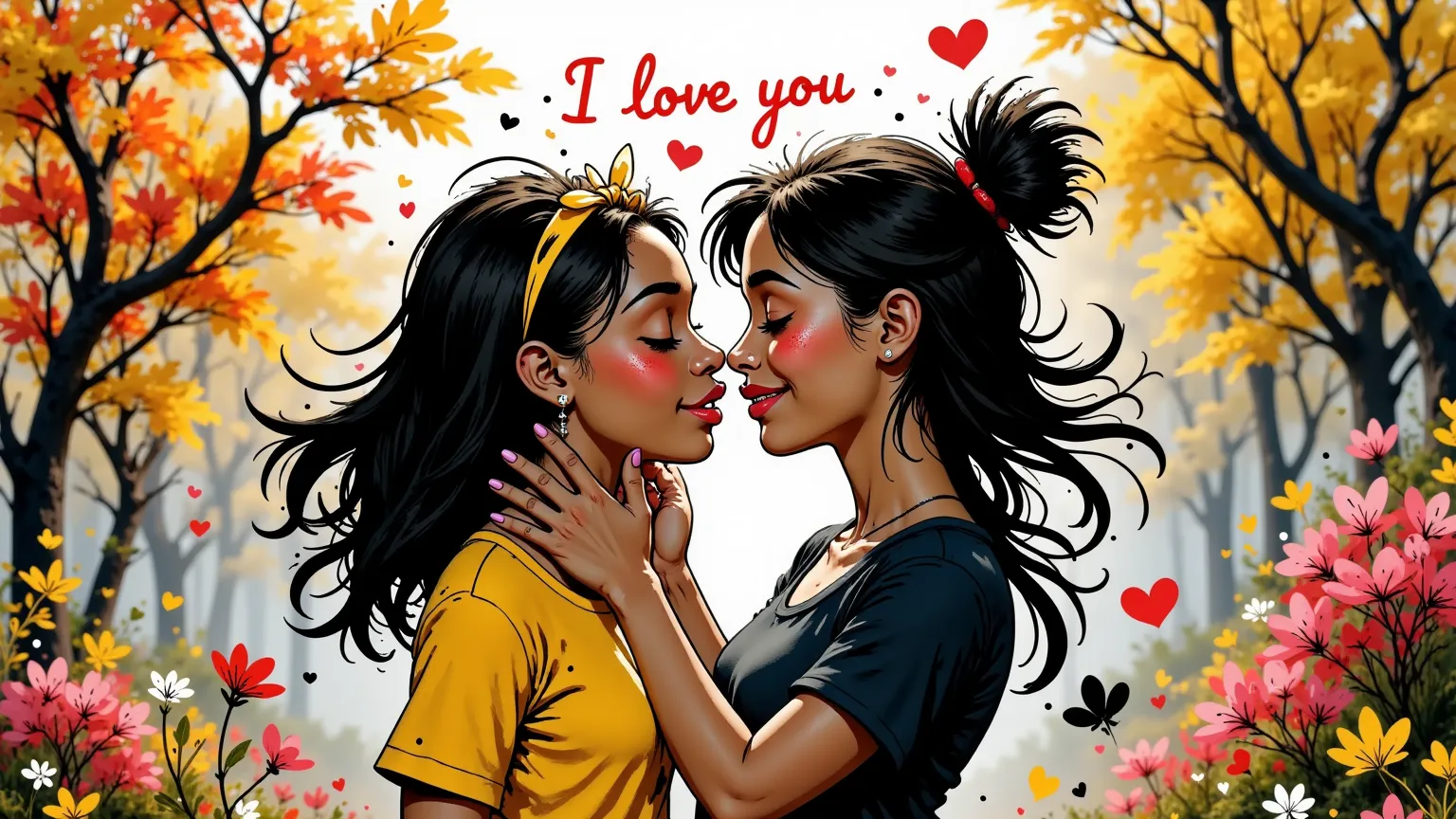 a couple of two brown girls, , they are kissing under a neon heart with the strawberry "I LOVE YOU". background of yellow and ochre leaves, autumn type with pink flowers.