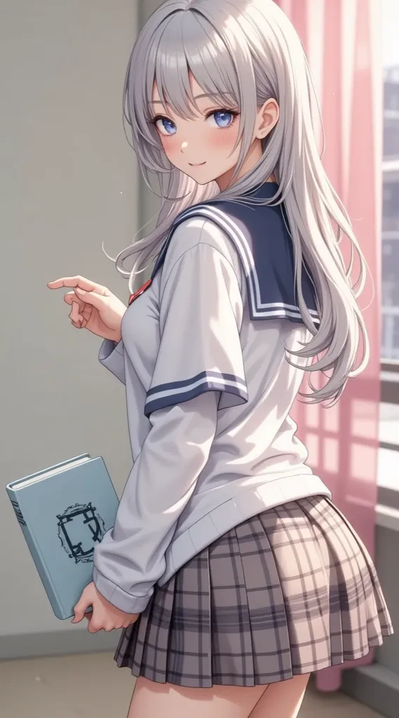  (Masterpiece,  computer, mejor quality,  Clear focus, shadow, anime style, ultra high resolution, 8K, perfect anatomy, rostro perfecto, (detailed face), (  Detailed eye  ), score_9, score_8_up, score_7_up, score_6_up, score_5_up, score_4_up,  source _animated, Label 1, Label2, quality_Masterpiece, Anatomically correct, beautiful face, rostro perfecto, Beautiful and highly detailed face and eyes, Attractive face, detailed face, delicate facial features, detailed leather, huge breasts, breast size cup D or DD, wide hips, gigantic butt, thick thighs. in anime style illustration of a beautiful woman with an elegant and sensual look. A young anime student in detailed digital art style. She has silvery-white hair, long hairstyle on the back with a short strand in the front. Her eyes are large and blue, light effects with flushed cheeks and a sweet but confident expression. It wears a Japanese school uniform with a dark blue sailor collar and white trim, a white blouse fitted with a large pink ribbon and an orange ribbon, and a short dark blue plaid skirt. In his right hand he holds a light blue hardcover book with a decorative symbol. The background shows an interior scene with pink windows and curtains, with soft lighting and bokeh.