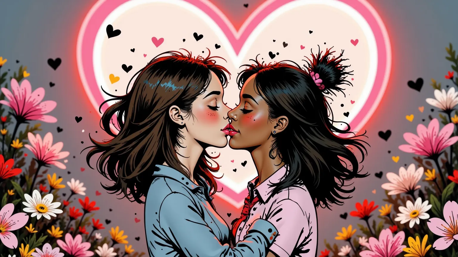 a couple of two brown girls, , they are kissing under a neon heart with the strawberry "I LOVE YOU".  in the background you can see a shower of small hearts, kisses and pink flowers falling.