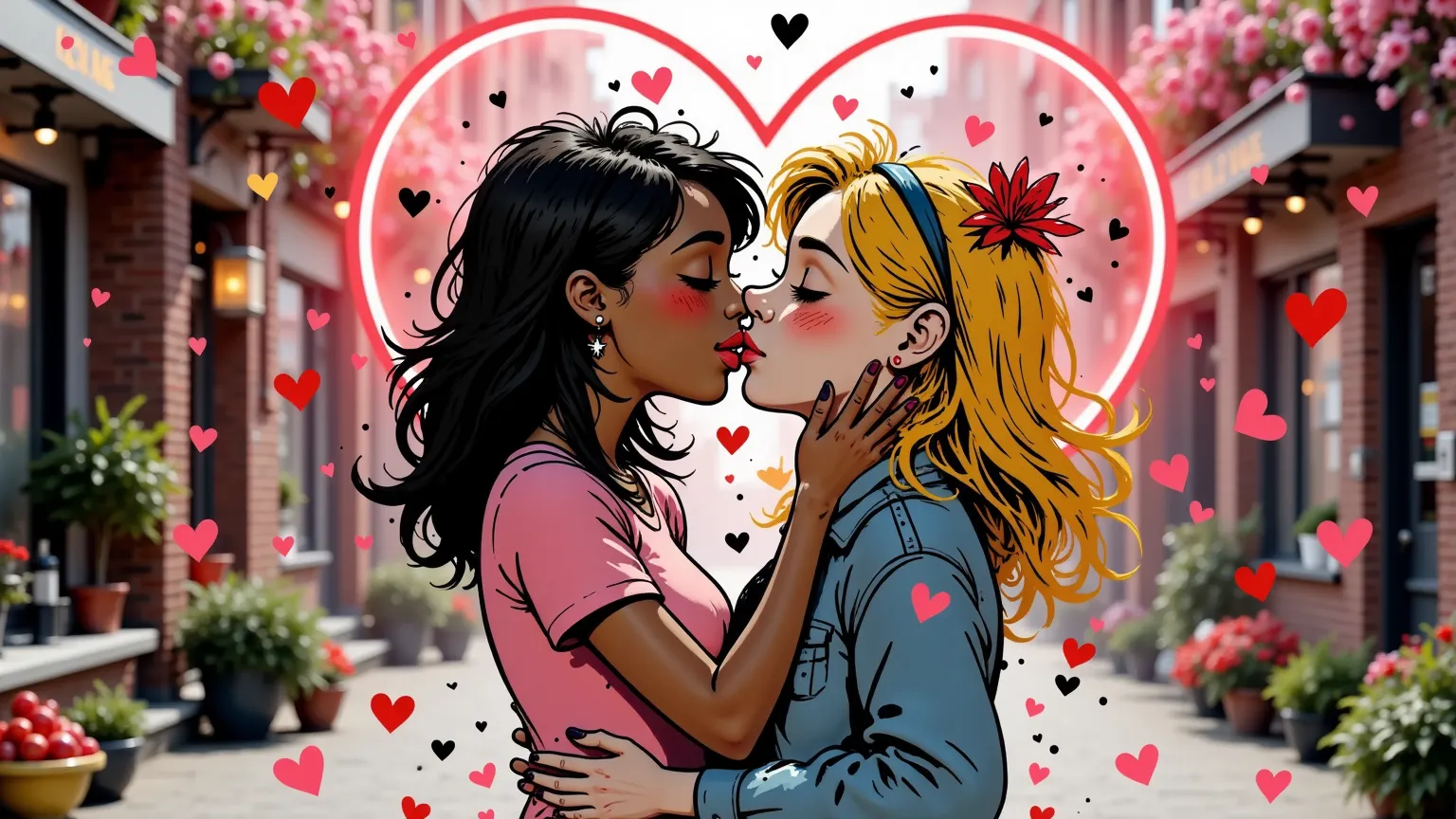 a couple of two brown girls, , they are kissing under a neon heart with the strawberry "I LOVE YOU".  in the background you can see a shower of small hearts, kisses and pink flowers falling.