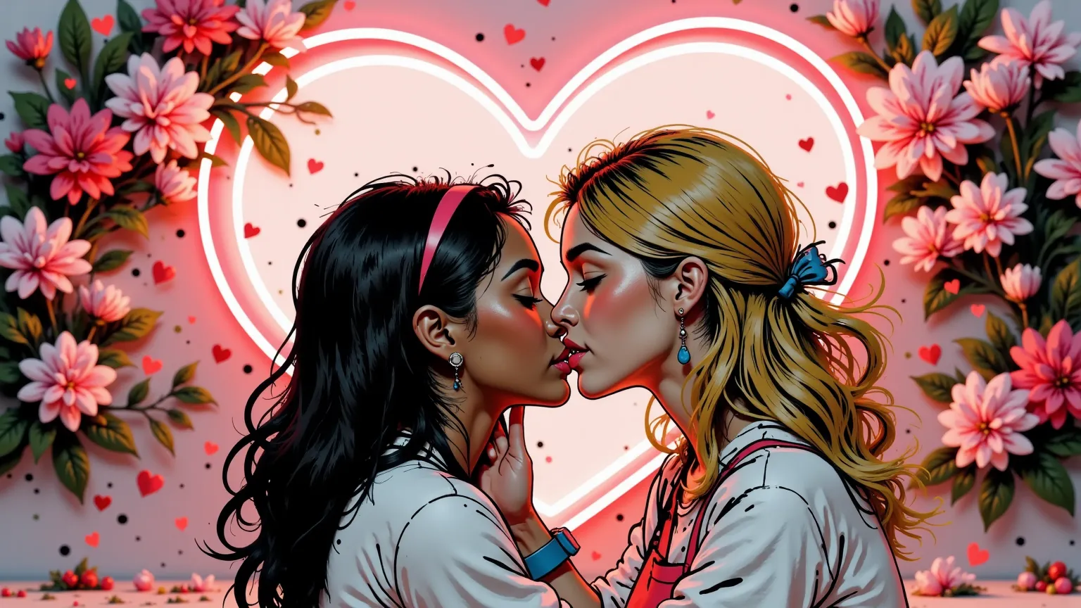 a couple of two brown girls, , they are kissing under a neon heart with the strawberry "I LOVE YOU".  in the background you can see a shower of small hearts, kisses and pink flowers falling.
