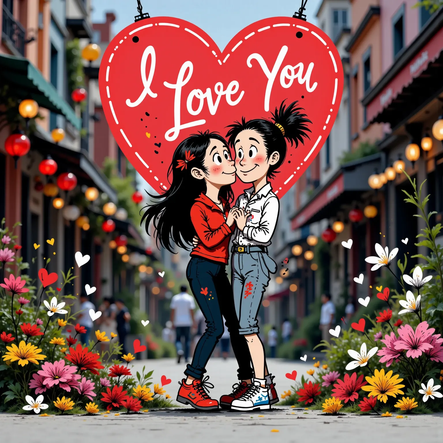 a couple of two Latin girls with black hair, they are kissing under a neon heart with the strawberry "I LOVE YOU".  in the background you can see a shower of small hearts, kisses and pink flowers falling.