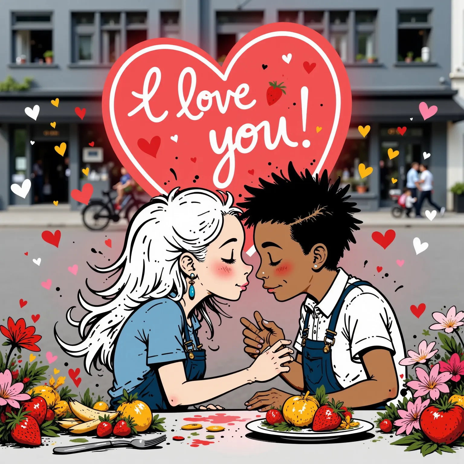 a couple of a platinum-haired girl and a black-haired Latino boy, they are kissing under a neon heart with the strawberry "I LOVE YOU".  in the background you can see a shower of small hearts, kisses and pink flowers falling.