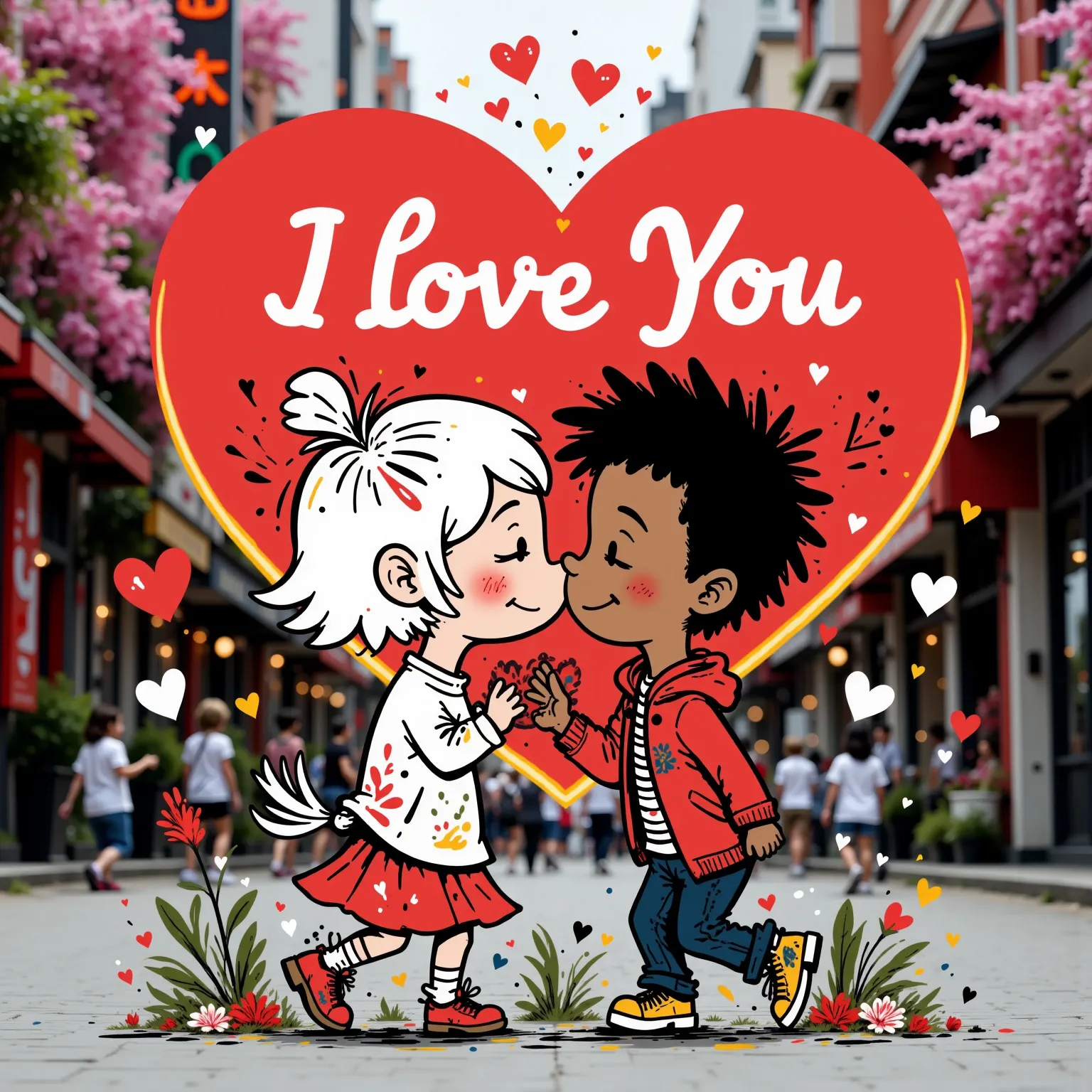 a couple of a platinum-haired girl and a black-haired Latino boy, they are kissing under a neon heart with the strawberry "I LOVE YOU".  in the background you can see a shower of small hearts, kisses and pink flowers falling.